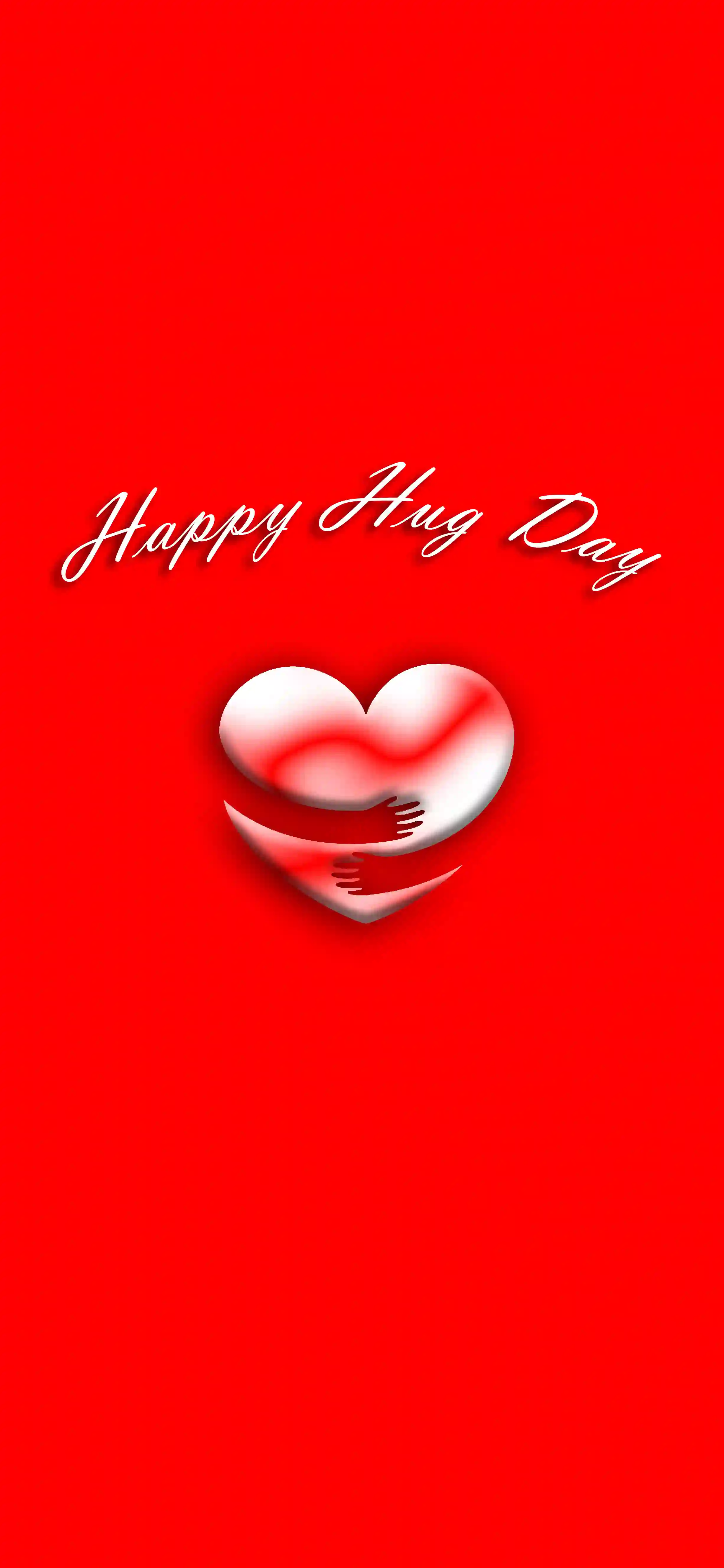 Happy Hug Day red 4K mobile wallpaper featuring a heart with hugging hands design