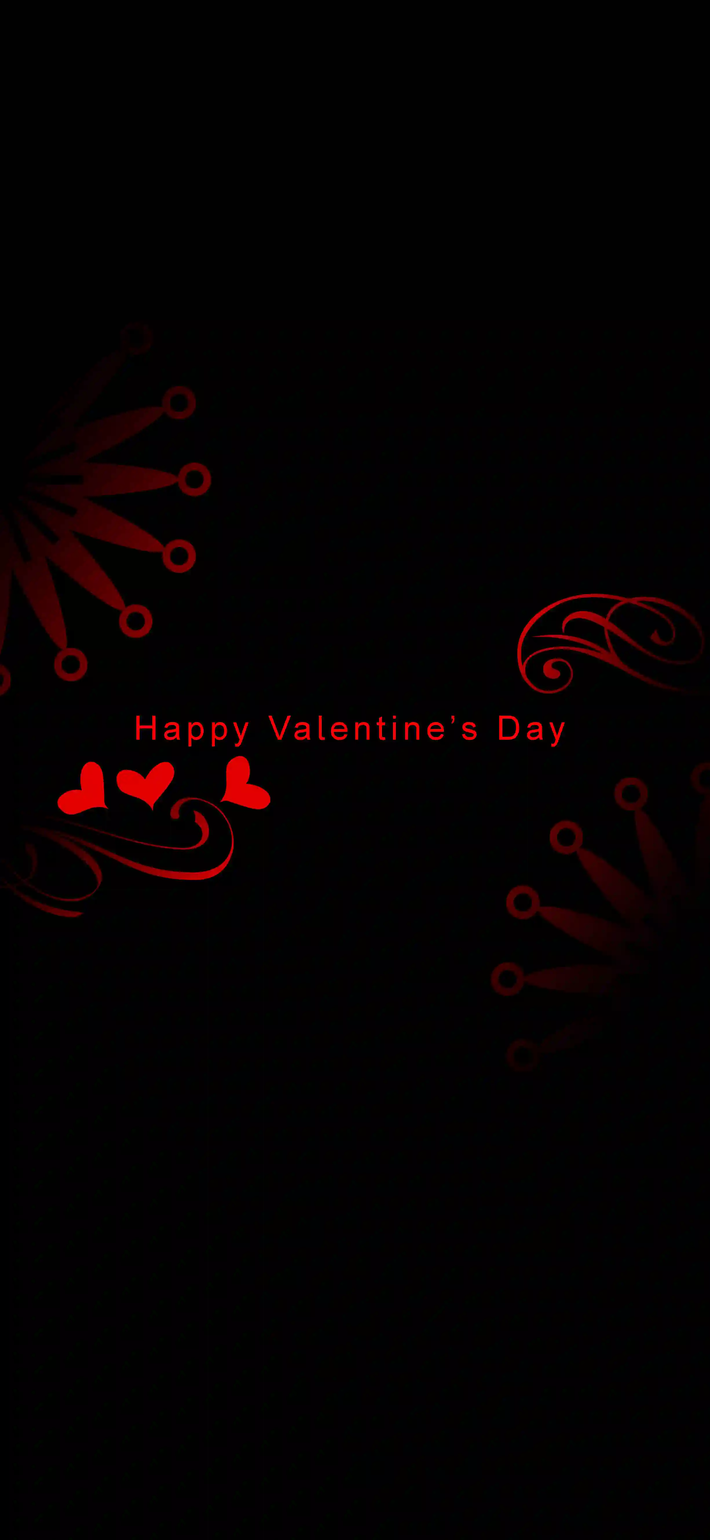 Happy Valentine’s Day black 4K mobile wallpaper with red hearts and decorative floral elements
