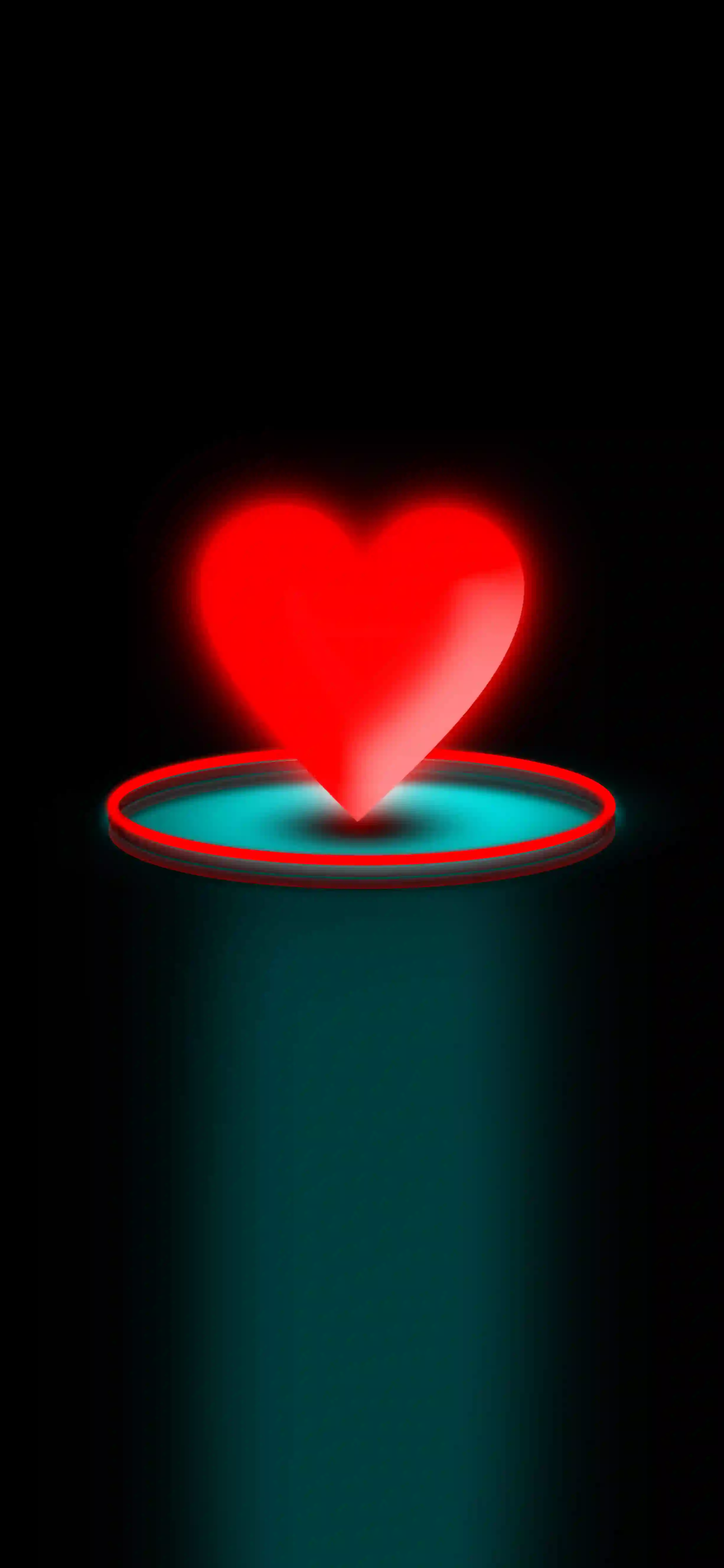 4K mobile wallpaper with a glowing red heart floating above a circular neon platform on a dark background
