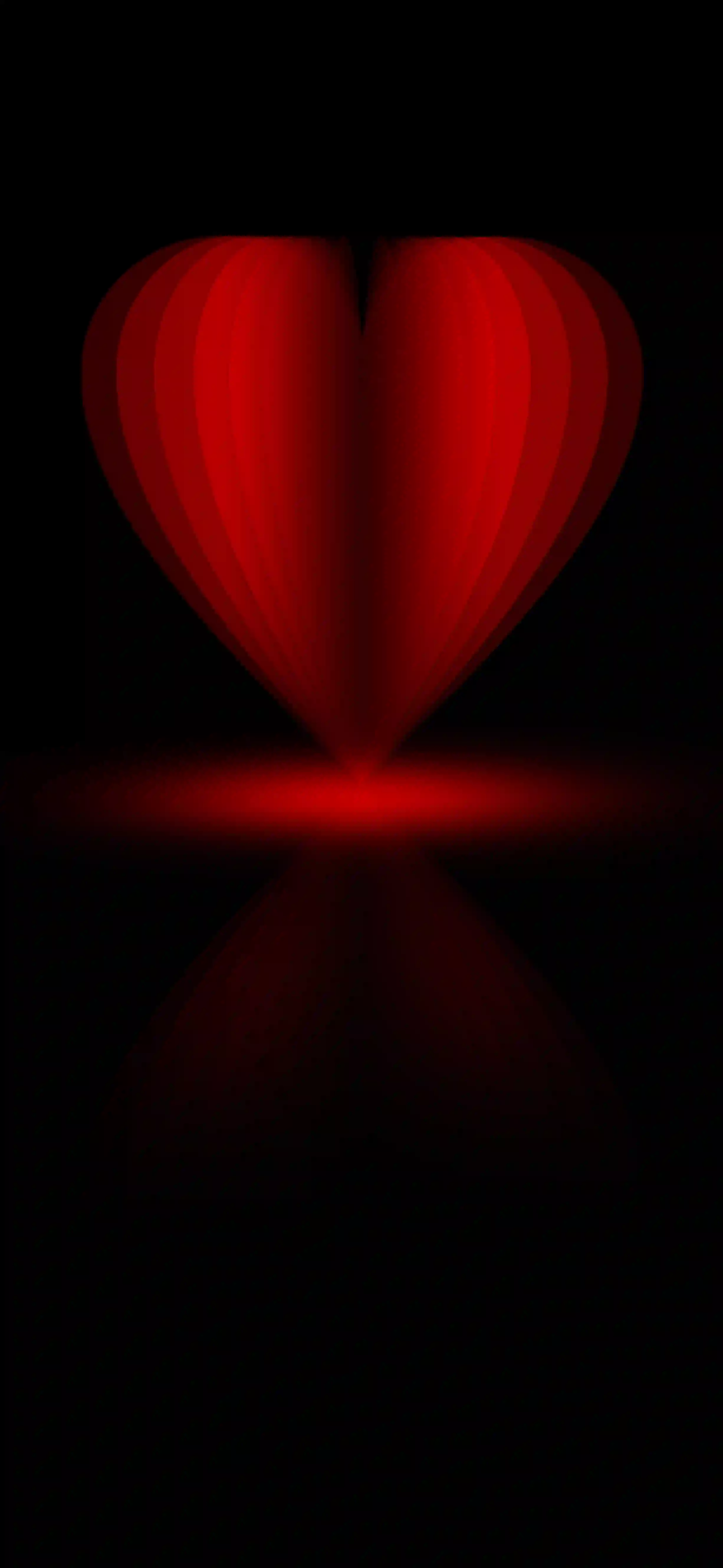 A stylized, 3D red heart made of overlapping curved layers, glowing against a black background with a soft red reflection below it.