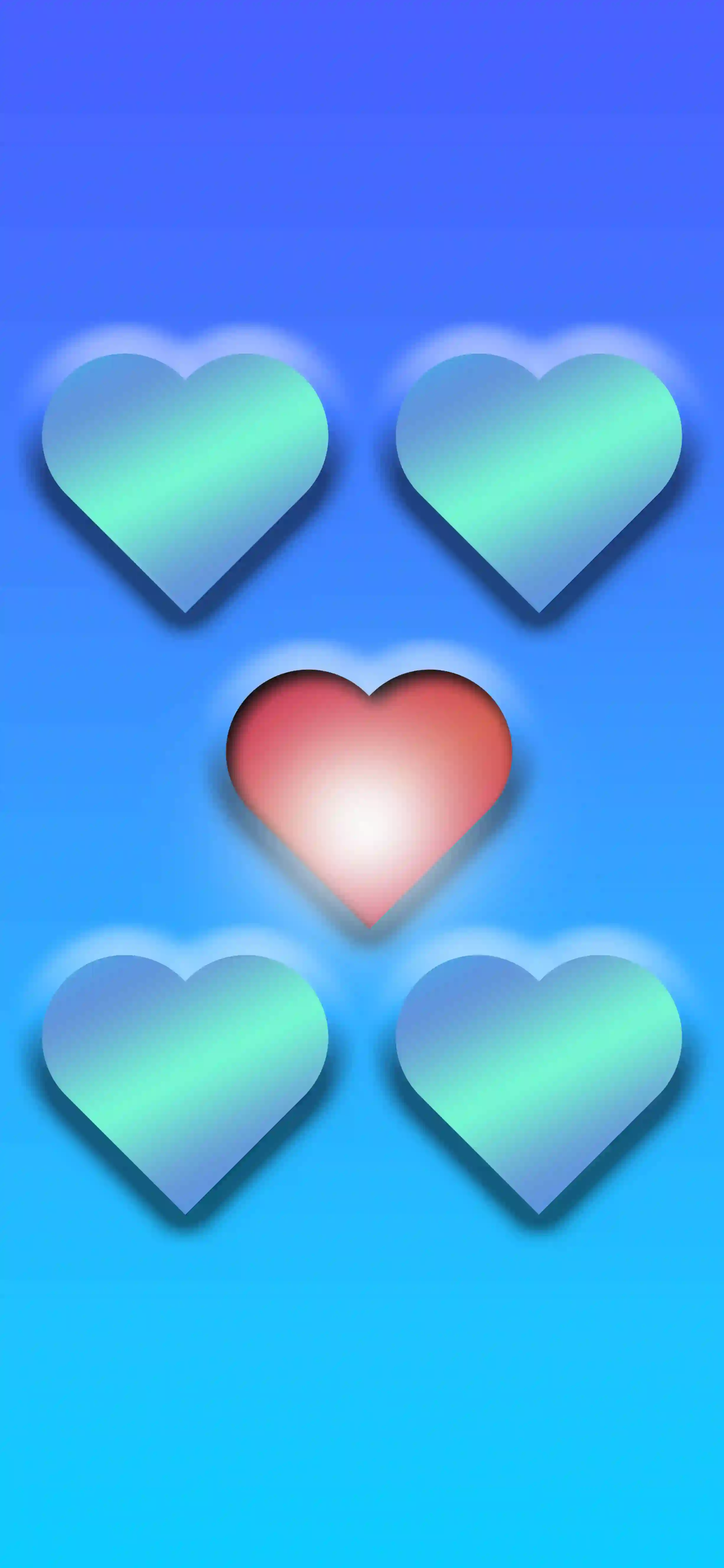Glowing gradient hearts arranged on a blue background.