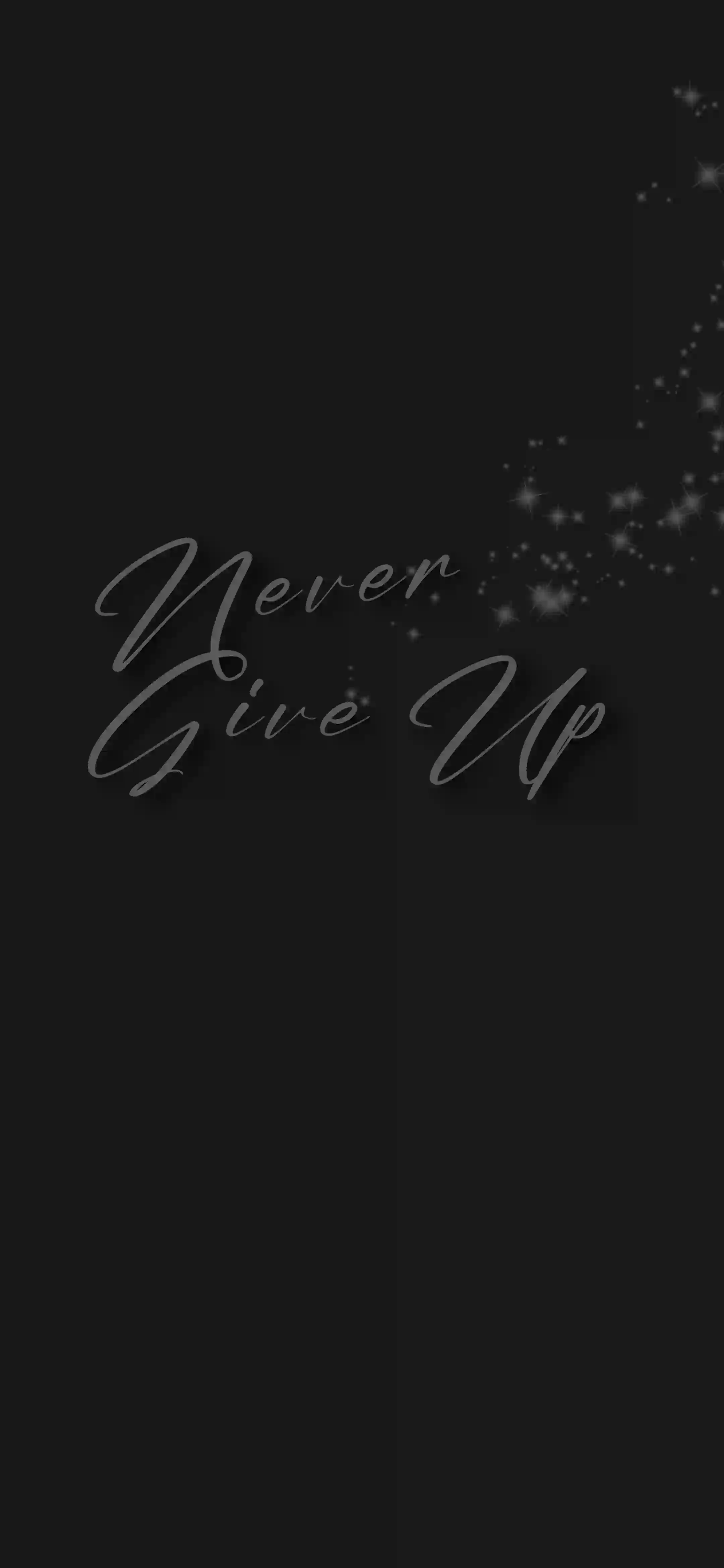 Never Give Up 4K dark cursive wallpaper thumbnail – elegant gray script on black background with sparkles