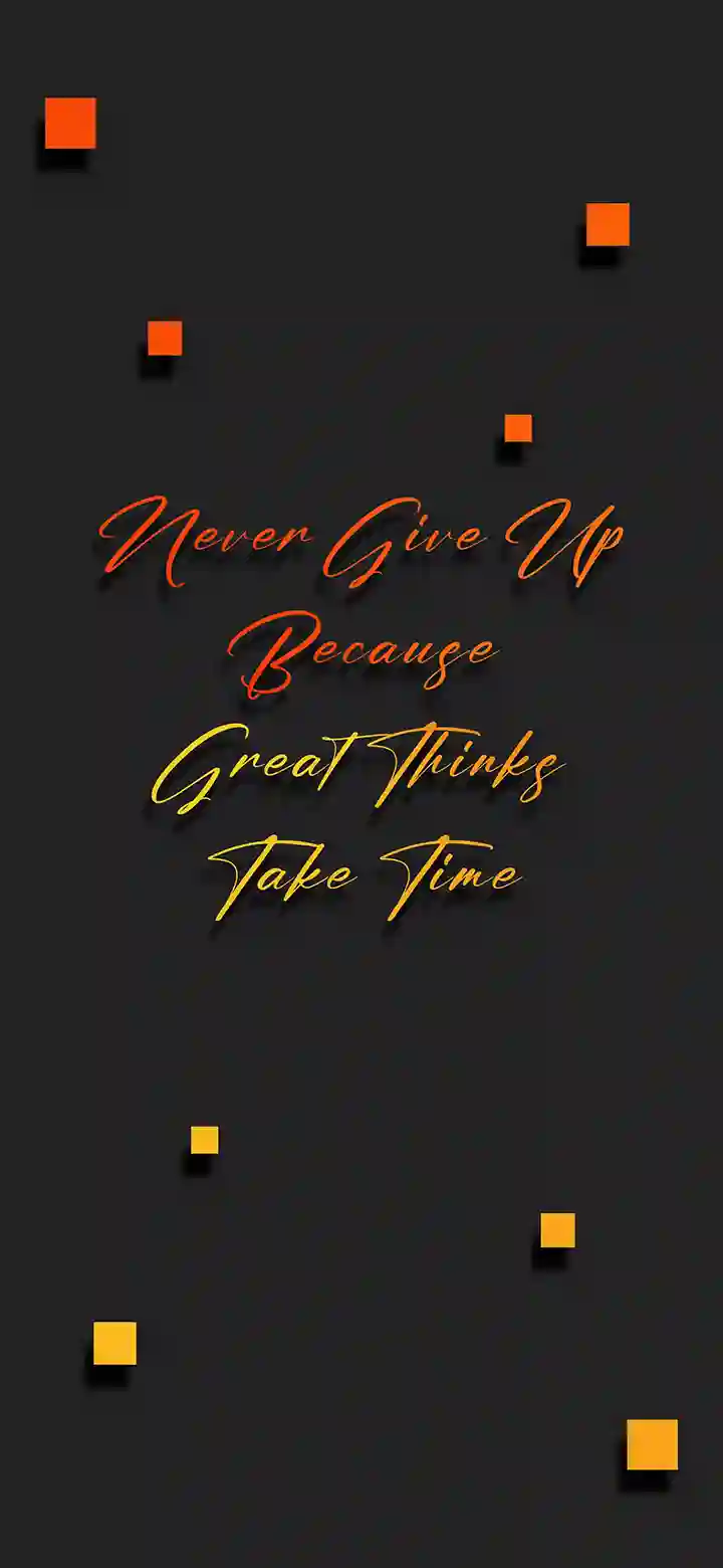 Never give up because great things take time 4K motivational wallpaper feature image – warm gradient cursive script with floating square accents