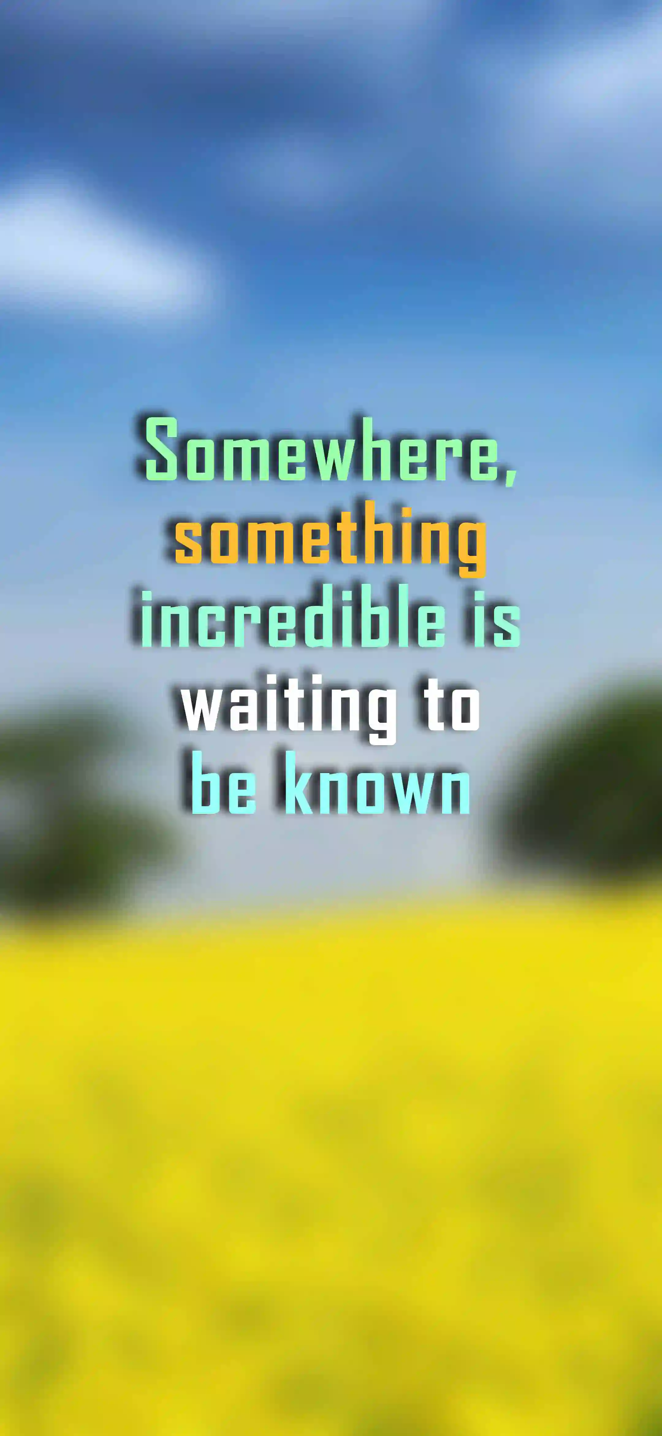 Somewhere something incredible is waiting 4K wallpaper thumbnail – colorful typography on yellow flower field and blue sky