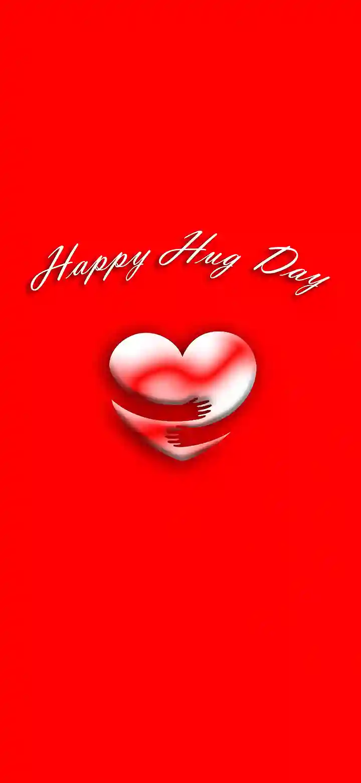 Happy Hug Day love wallpaper feature image 3D white heart hugging hands cursive text red