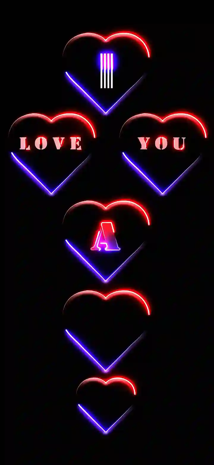 I love you letter A wallpaper feature image neon hearts red purple black background