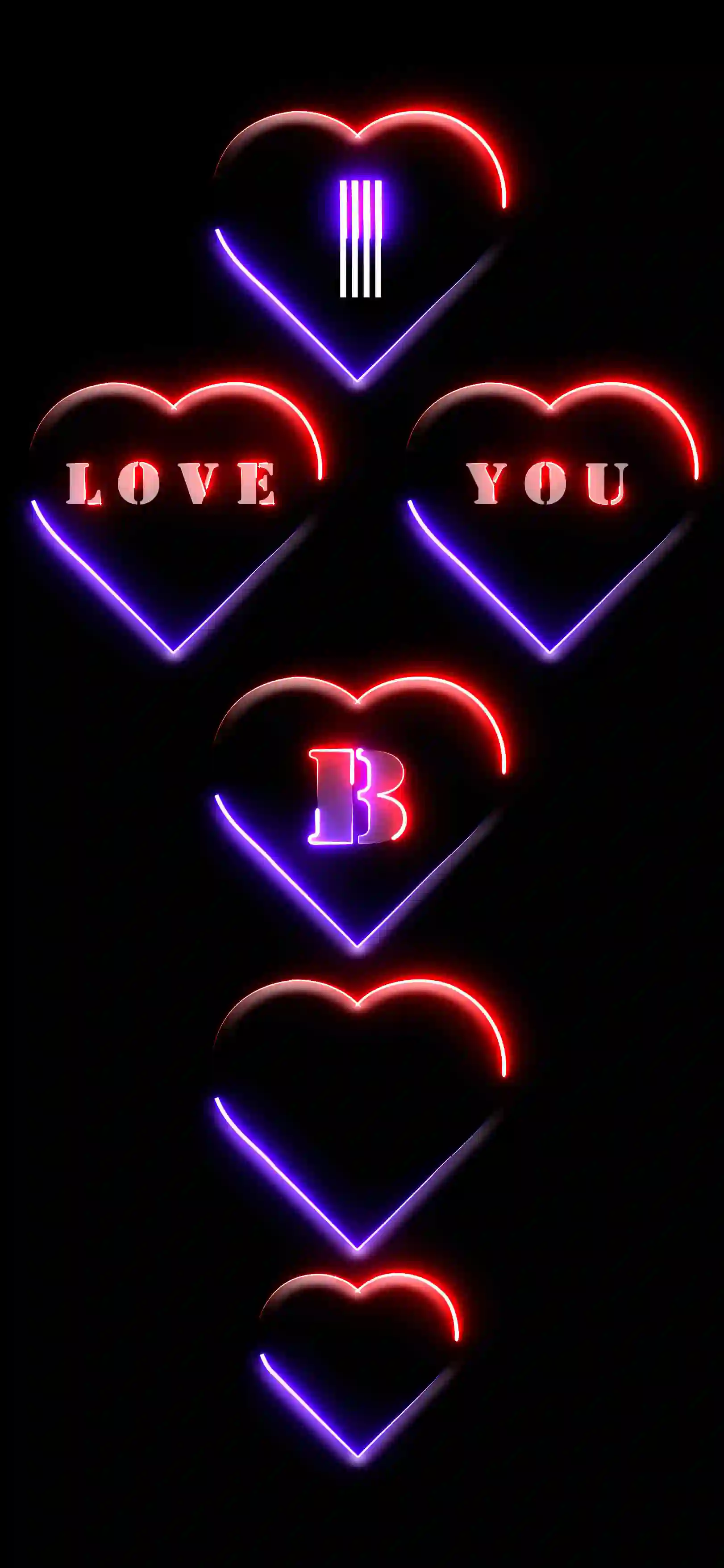 I love you letter B 4K wallpaper neon hearts red purple glow black AMOLED background