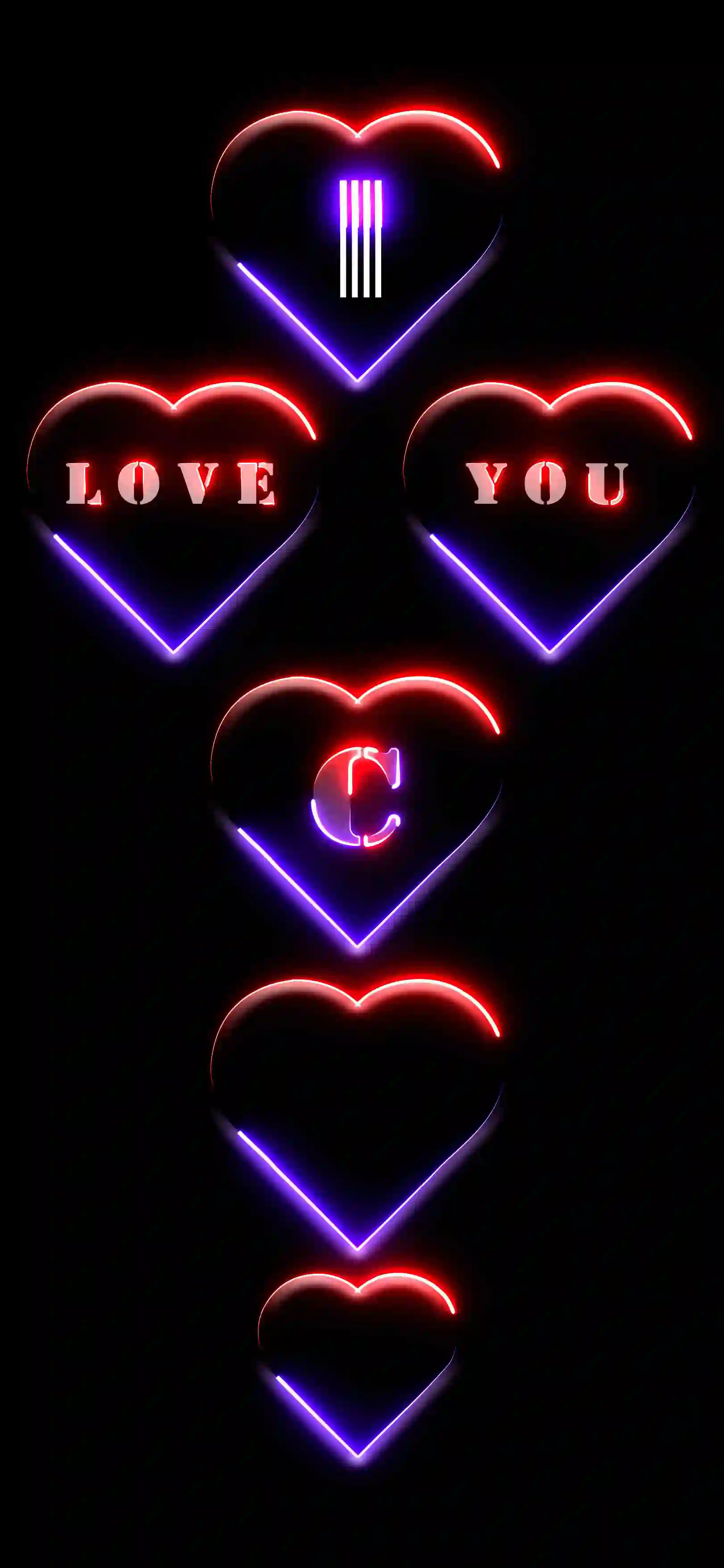 I love you letter C 4K wallpaper neon hearts red purple glow black AMOLED background