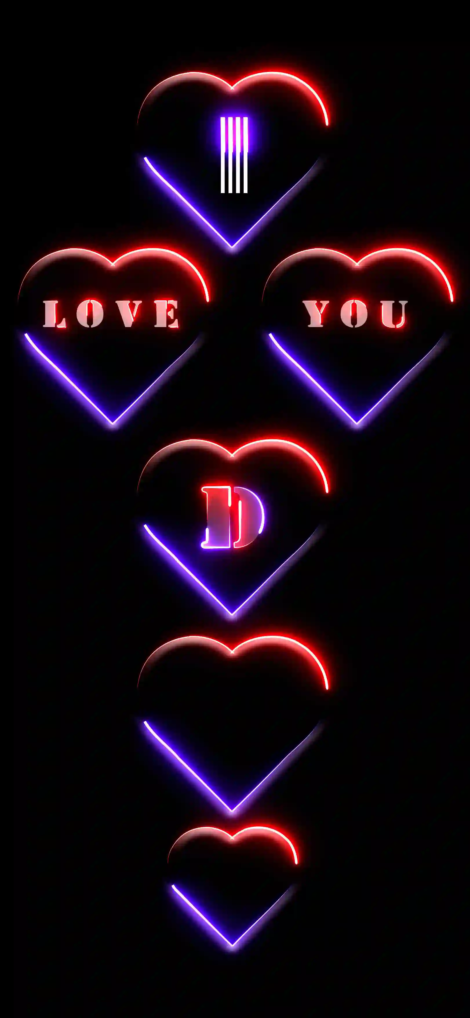 I love you letter D 4K wallpaper neon hearts red purple glow black AMOLED background