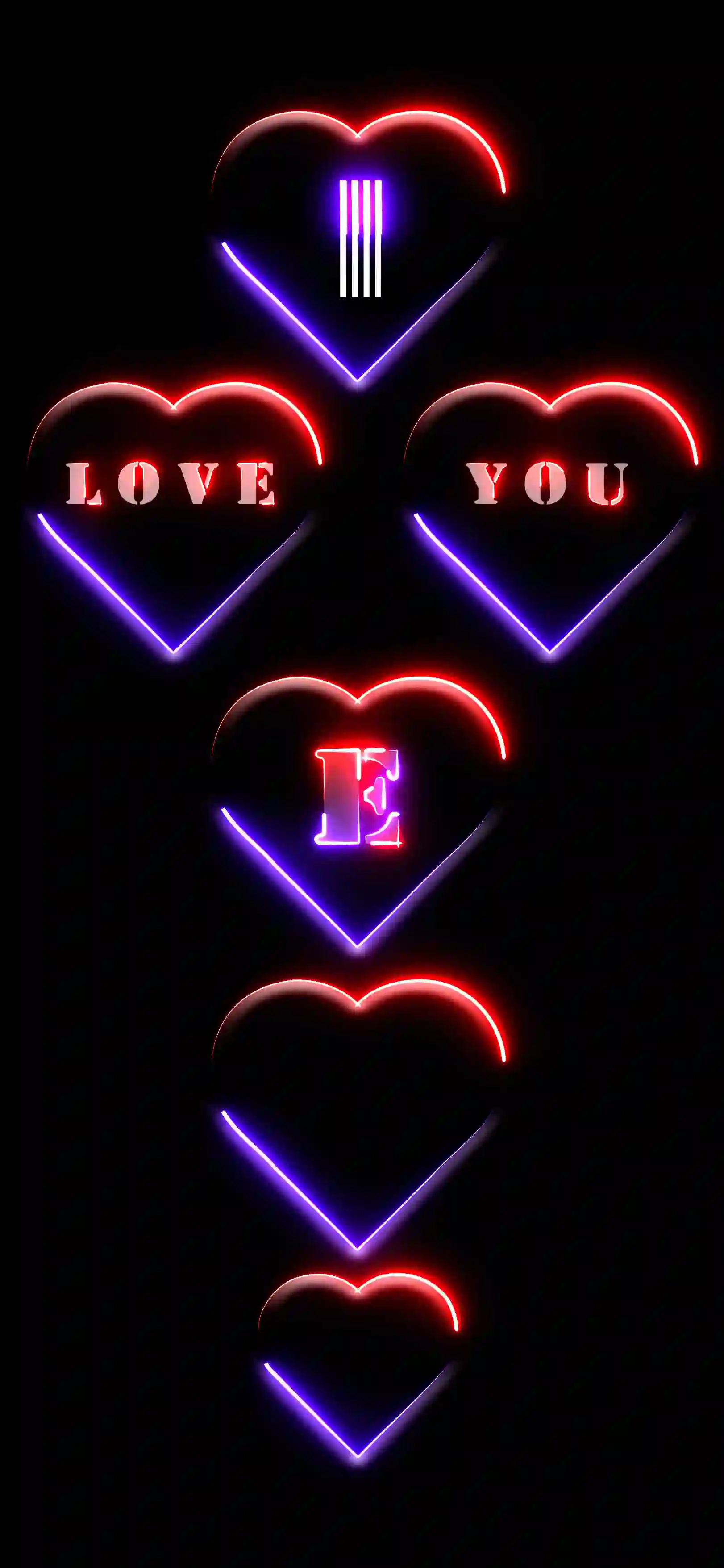 I love you letter E 4K wallpaper neon hearts red purple glow black AMOLED background