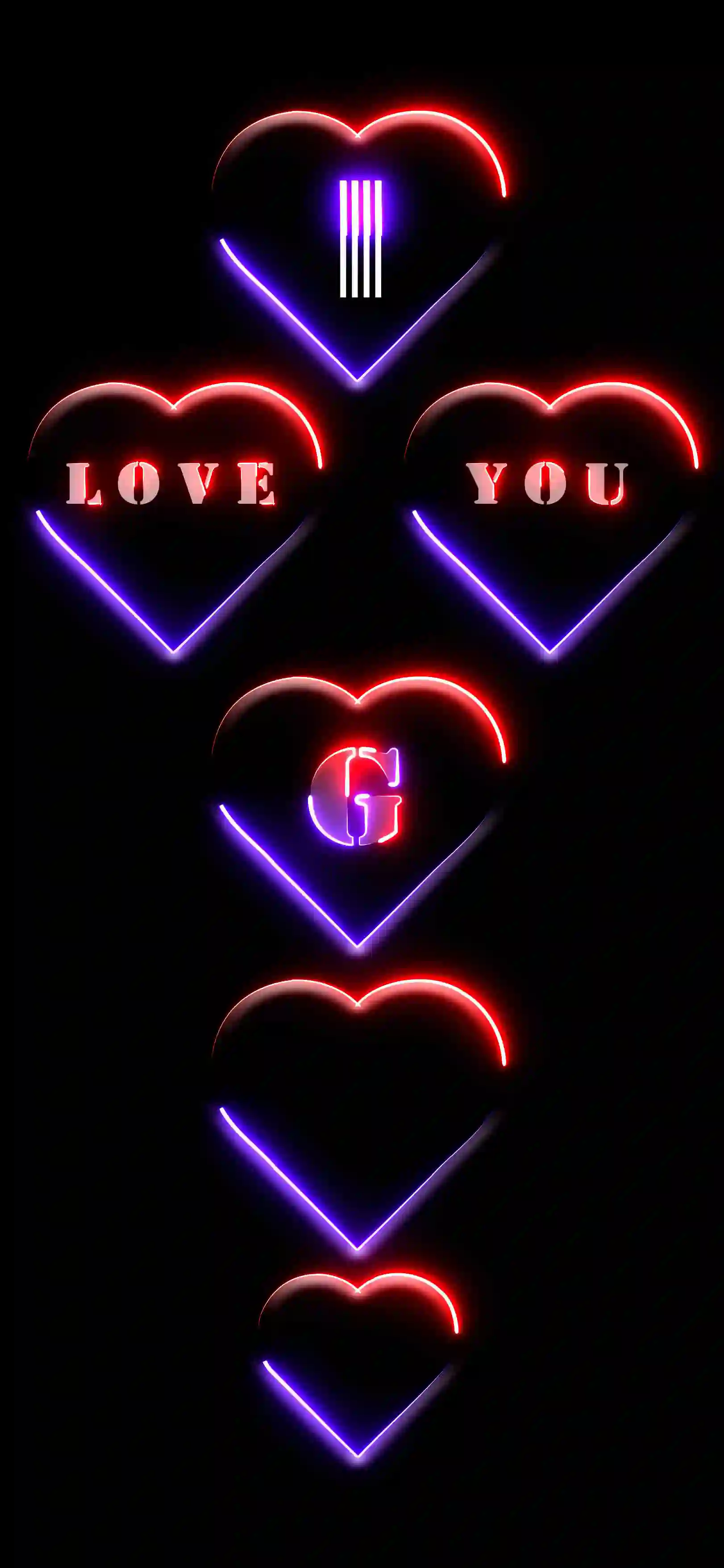 I love you letter G 4K wallpaper neon hearts red purple glow black AMOLED background