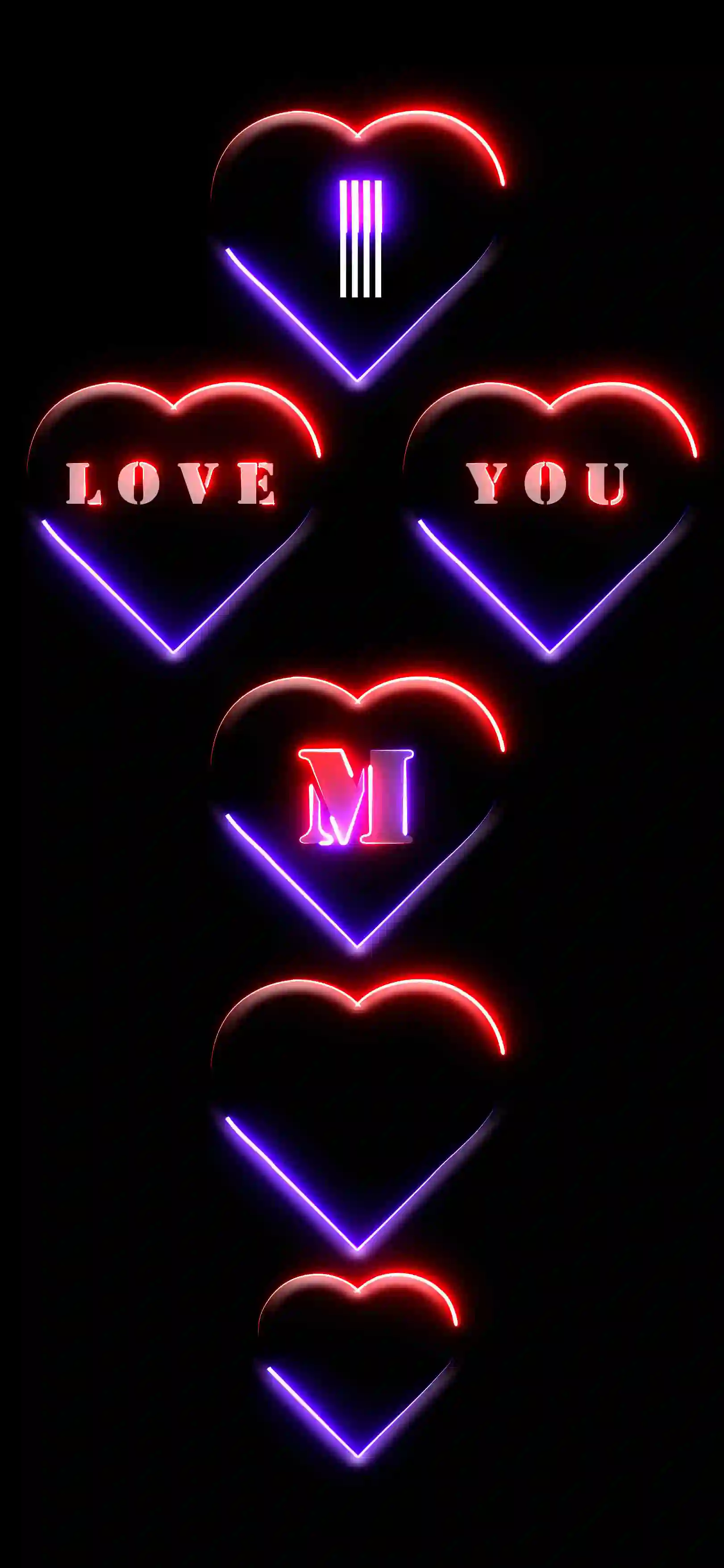 I love you letter M 4K wallpaper neon hearts red purple glow black AMOLED background