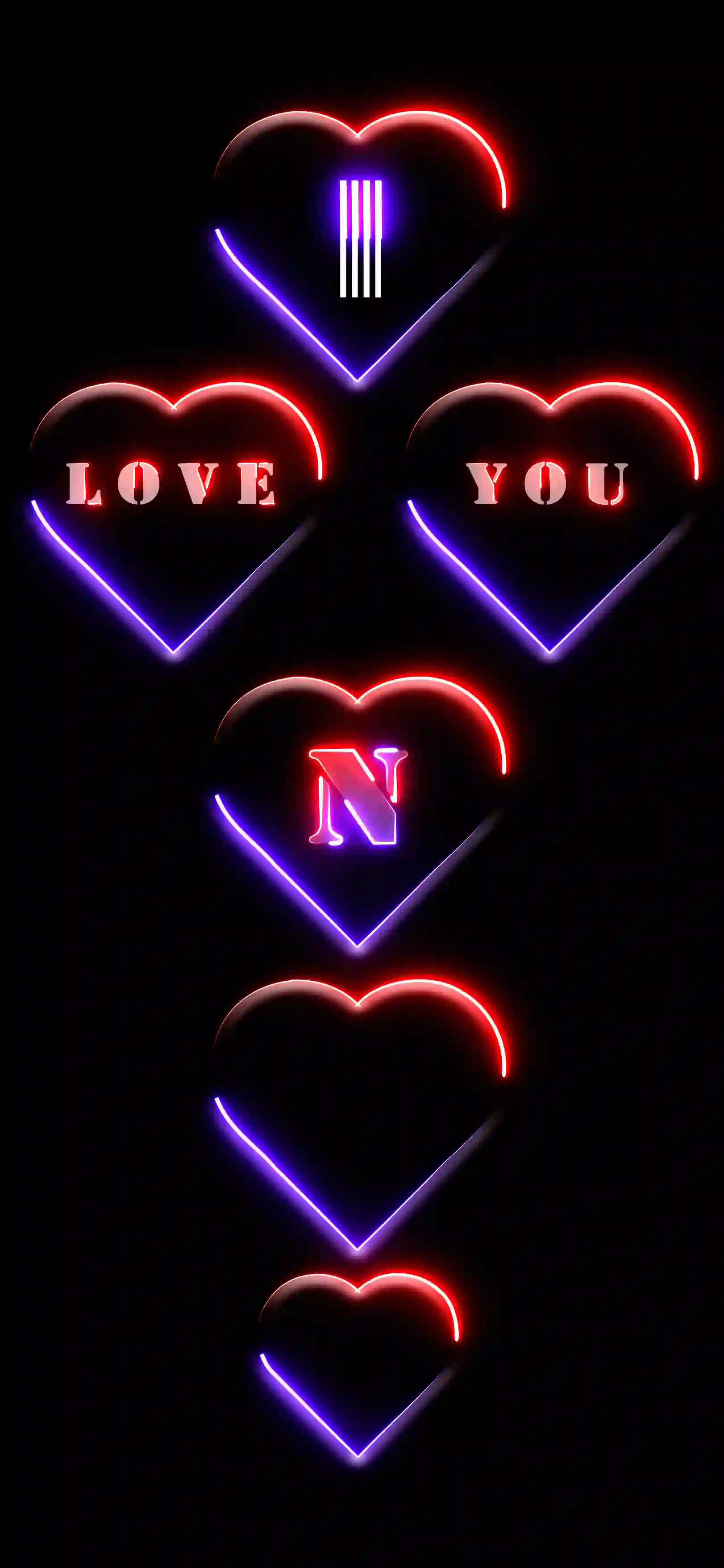 I love you letter N 4K wallpaper neon hearts red purple glow black AMOLED background