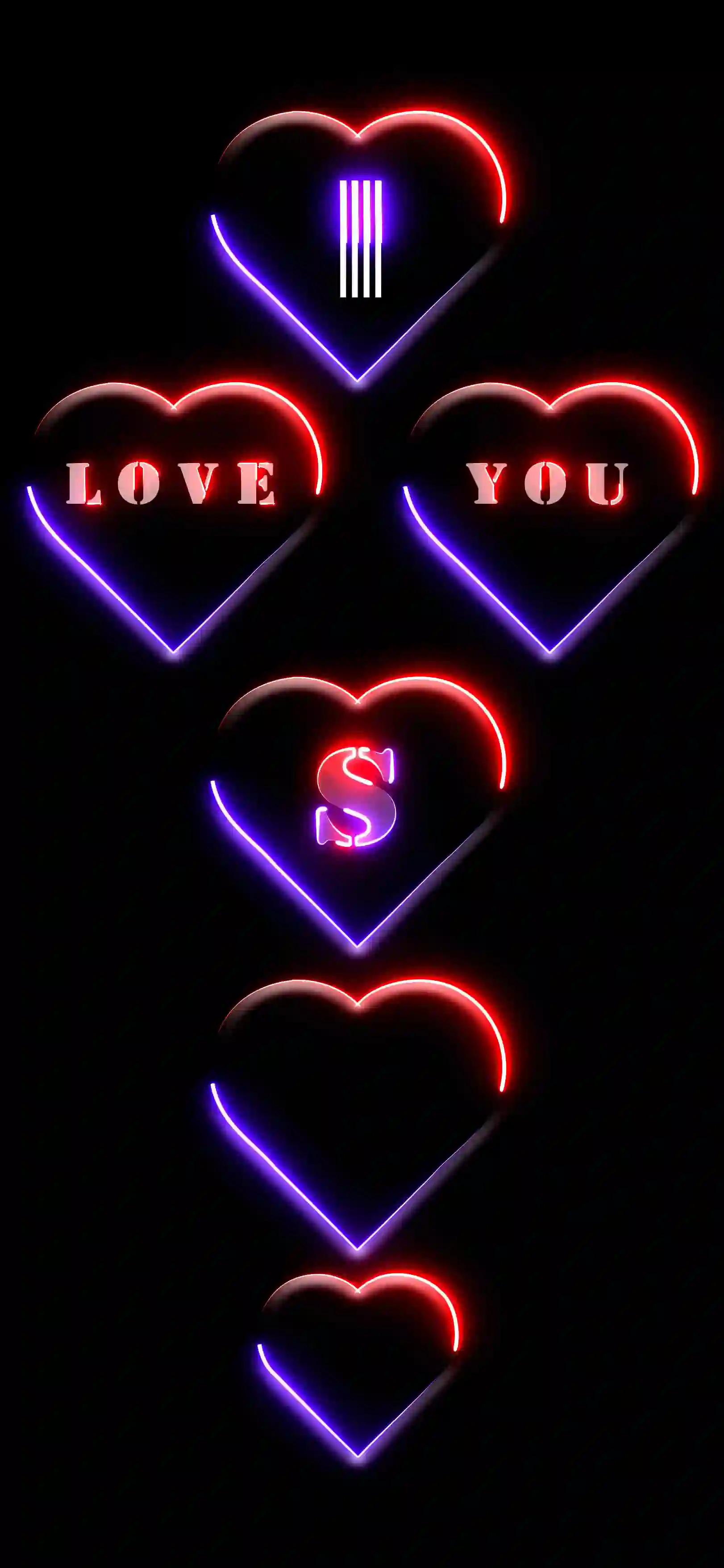 I love you letter S 4K wallpaper neon hearts red purple glow black AMOLED background