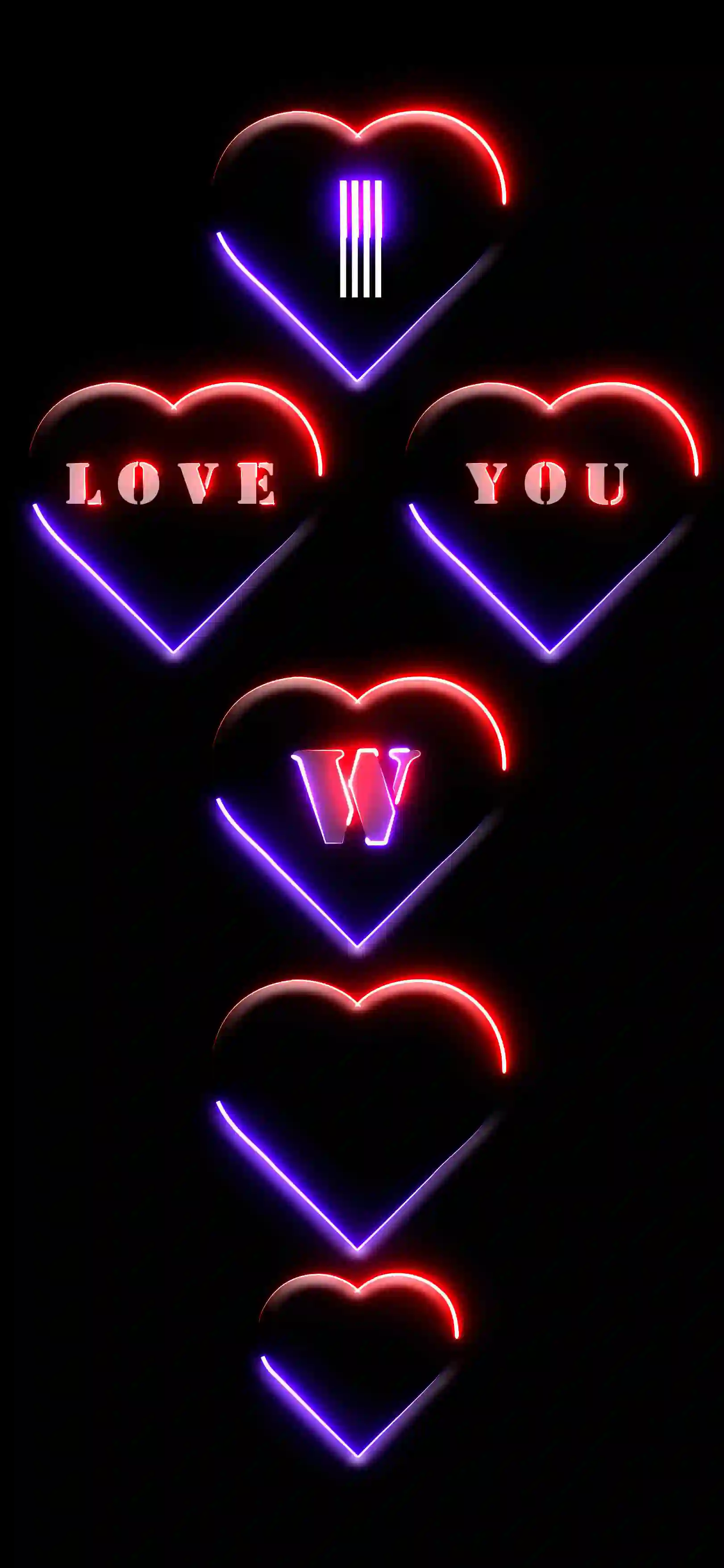 I love you letter W 4K wallpaper neon hearts red purple glow black AMOLED background