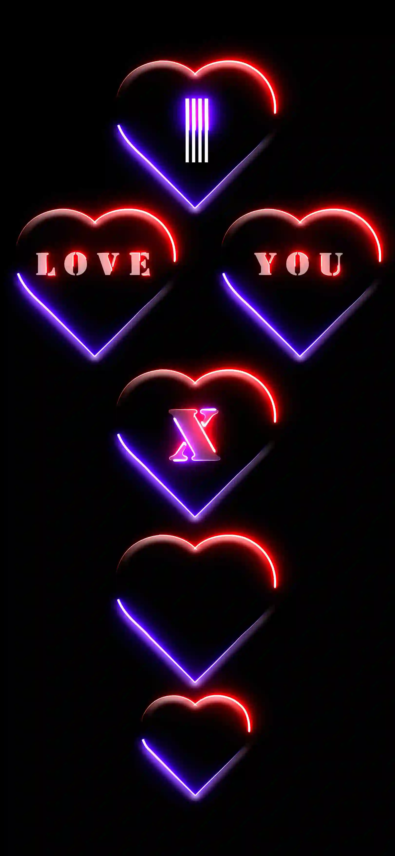 I love you letter X 4K wallpaper neon hearts red purple glow black AMOLED background