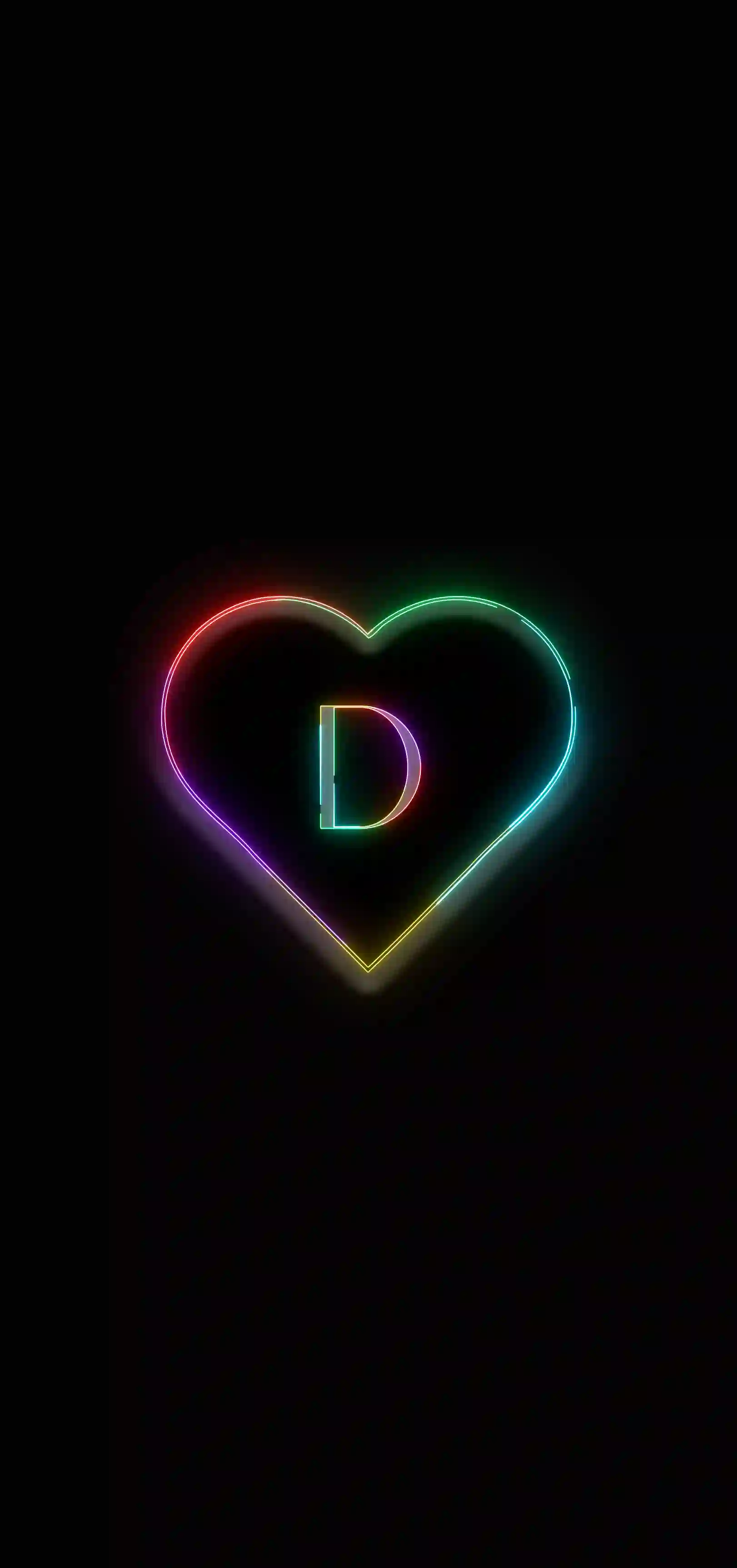 Neon rainbow heart letter D 4K wallpaper multicolor neon heart outline black background
