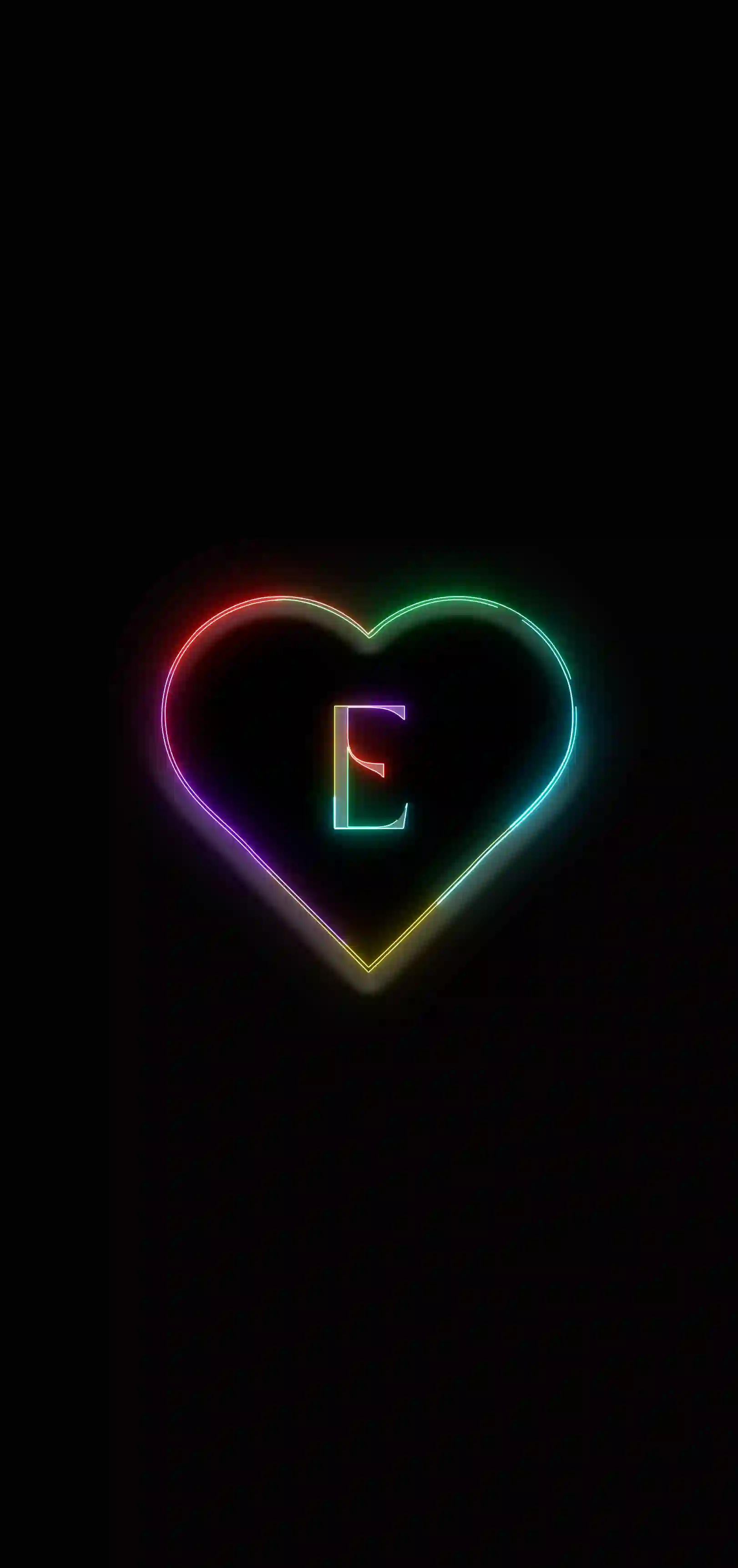 Neon rainbow heart letter E 4K wallpaper multicolor neon heart outline black background