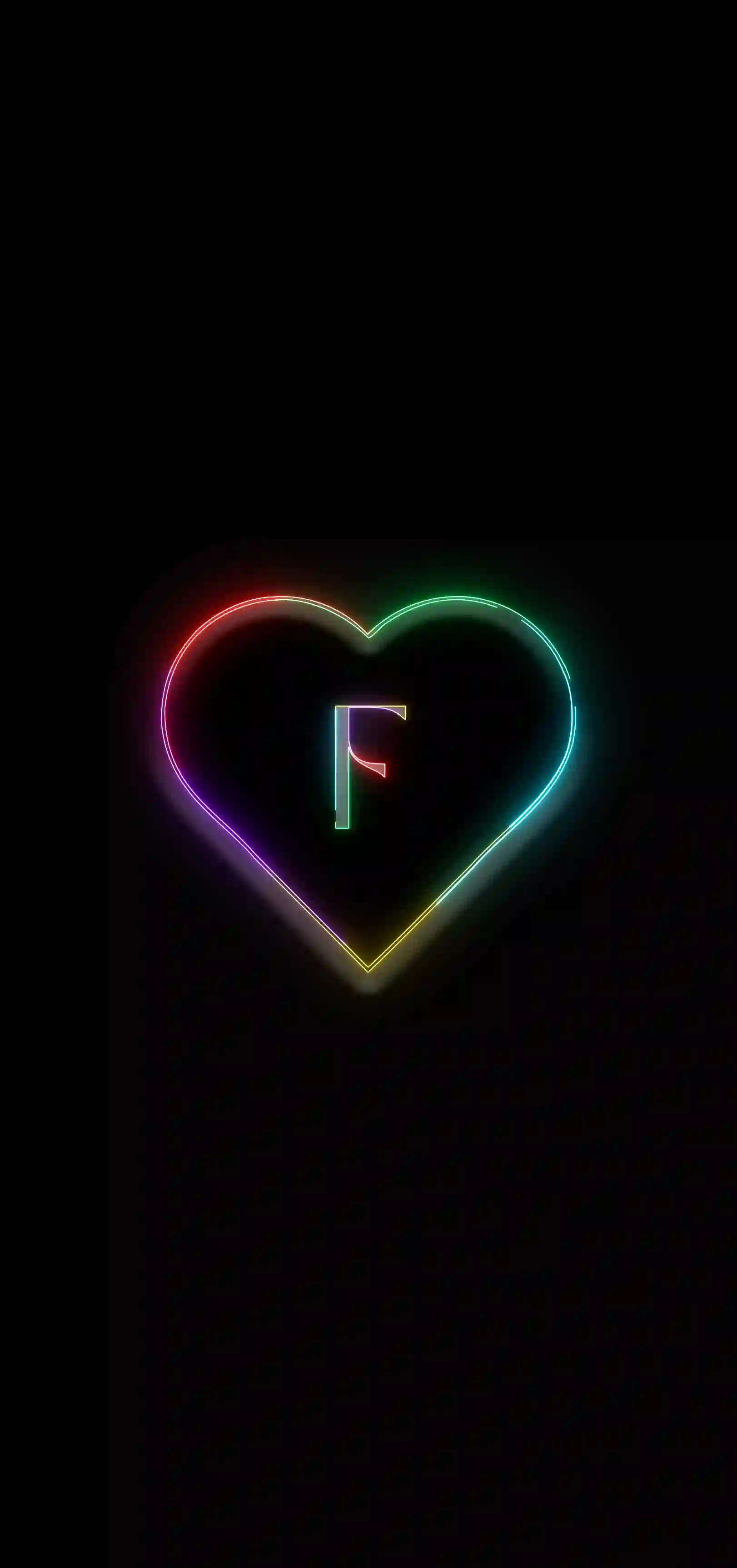 Neon rainbow heart letter F 4K wallpaper multicolor neon heart outline black background
