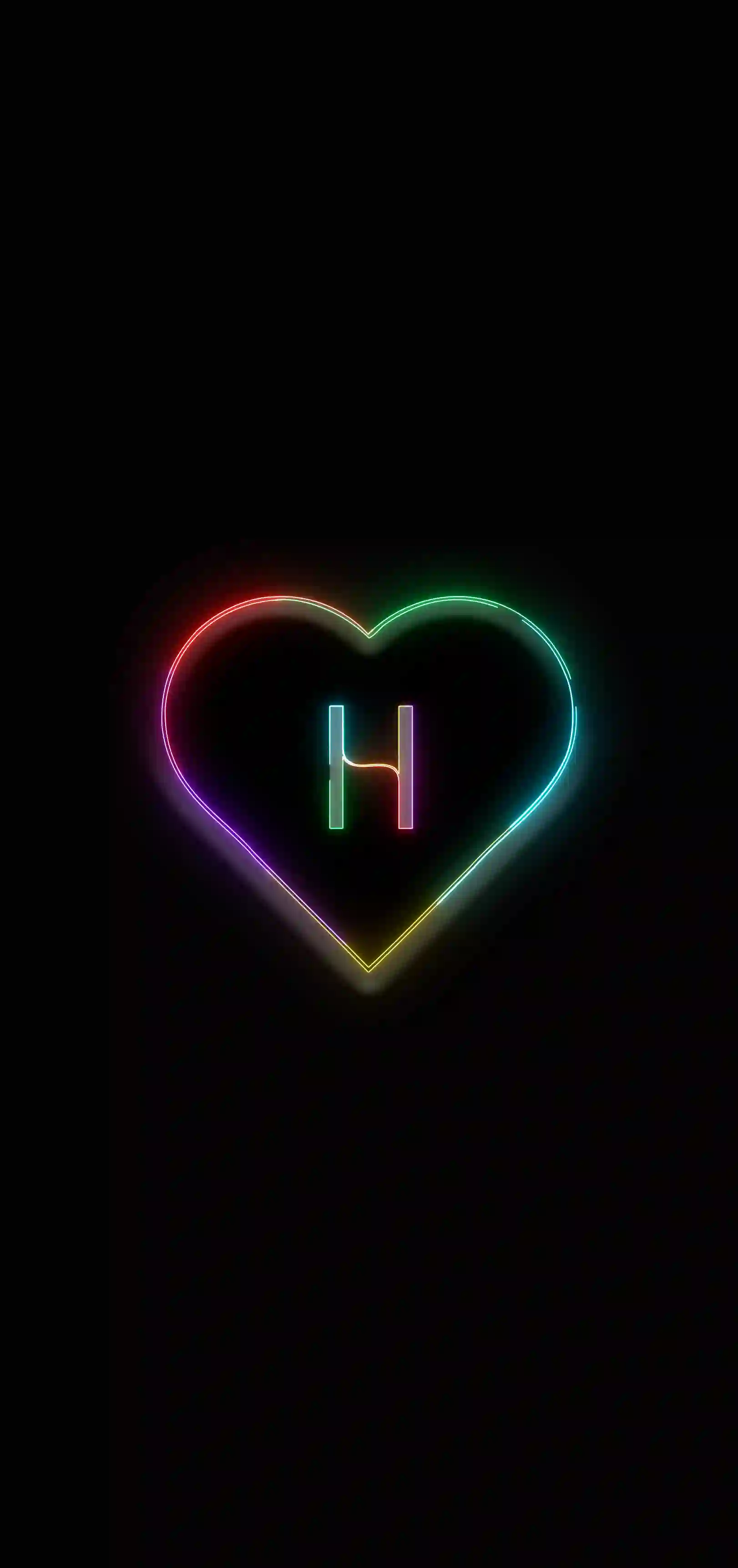 Neon rainbow heart letter H 4K wallpaper multicolor neon heart outline black background