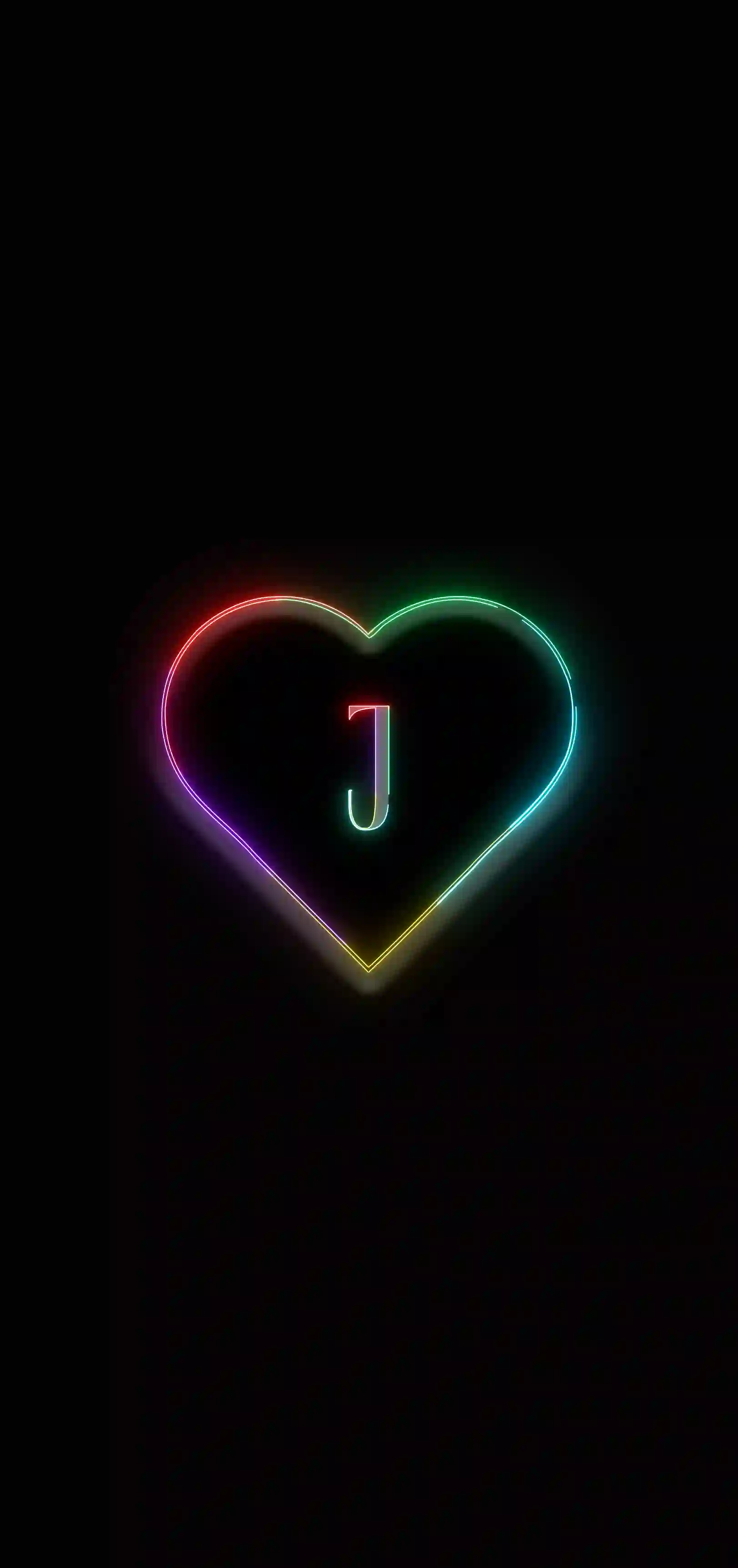Neon rainbow heart letter J 4K wallpaper multicolor neon heart outline black background