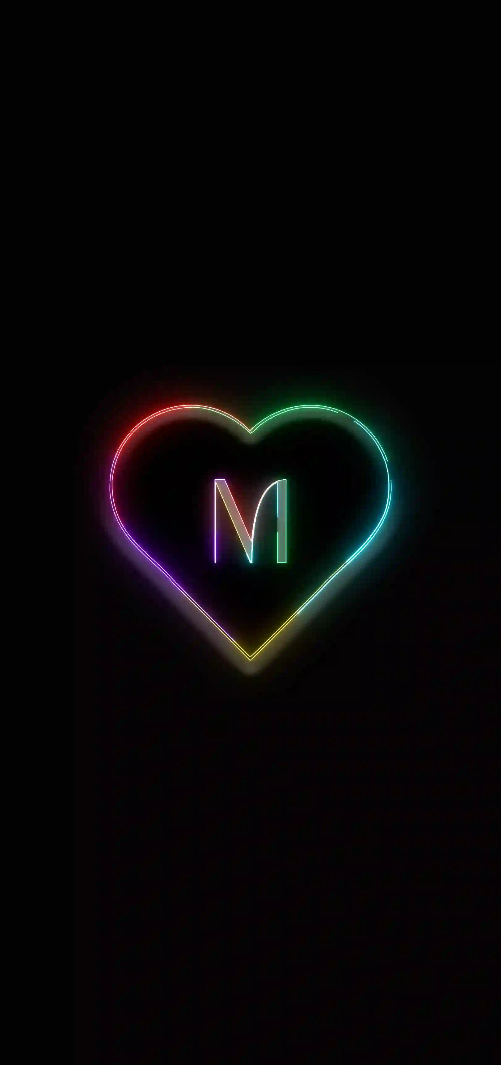 Neon rainbow heart letter M 4K wallpaper multicolor neon heart outline black background