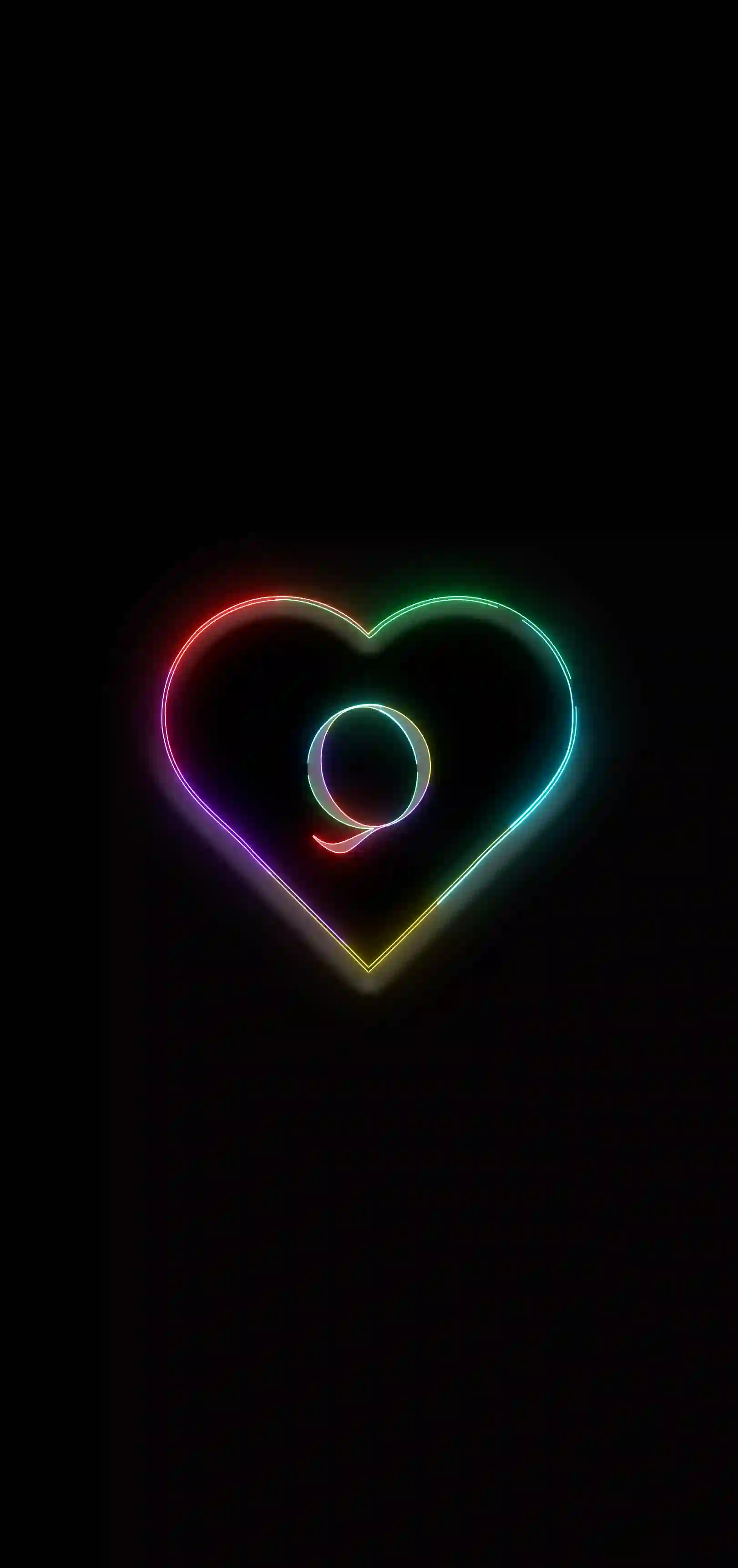Neon rainbow heart letter Q 4K wallpaper multicolor neon heart outline black background