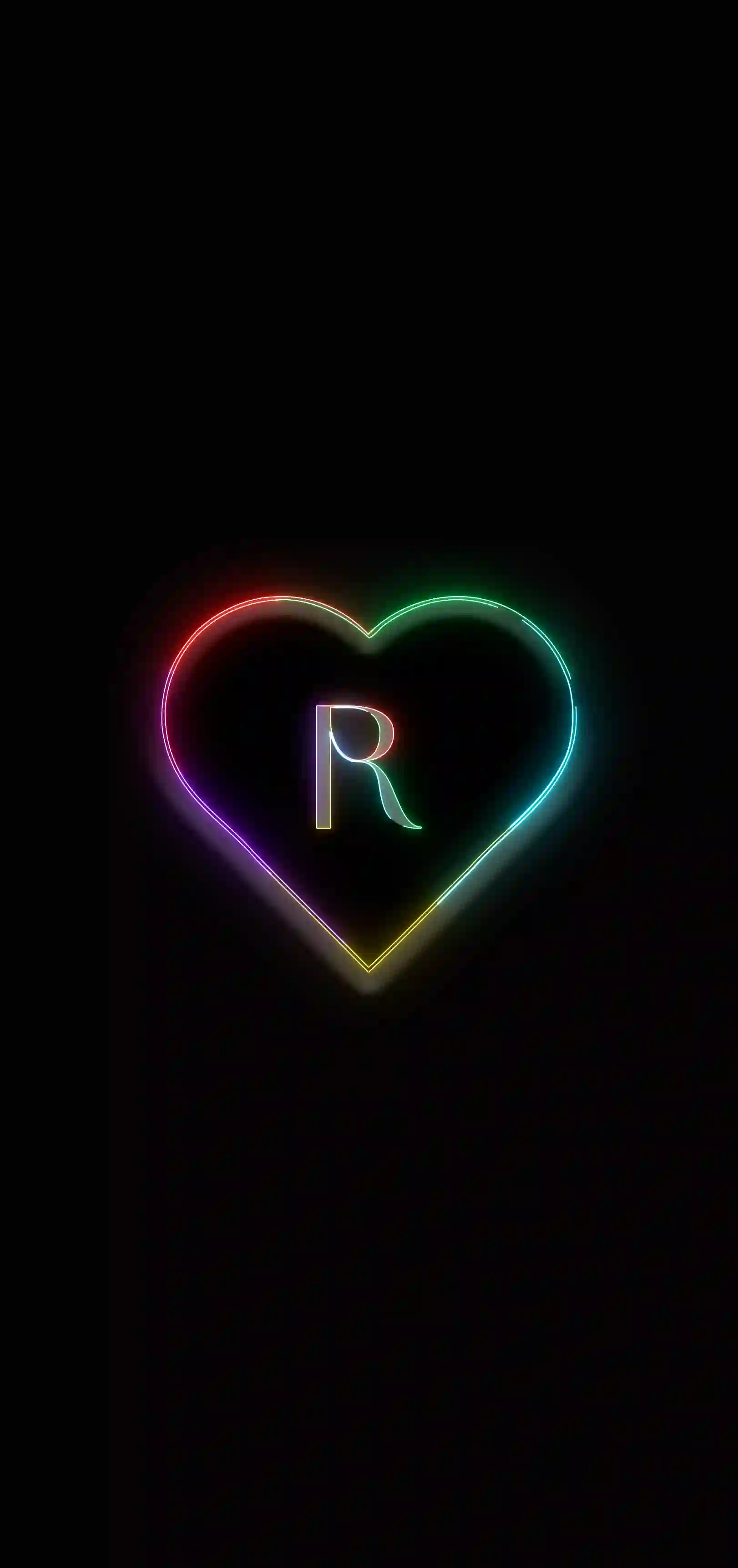 Neon rainbow heart letter R 4K wallpaper multicolor neon heart outline black background