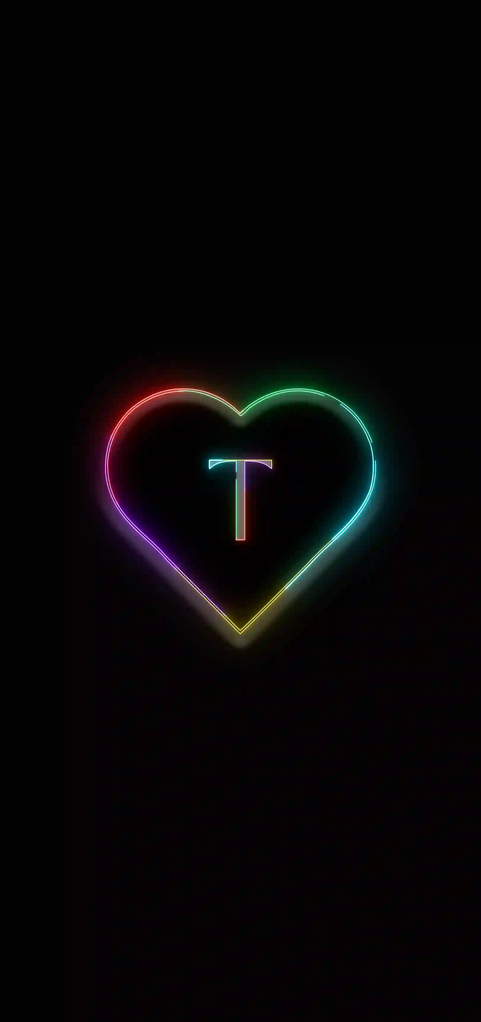 Neon rainbow heart letter T 4K wallpaper multicolor neon heart outline black background