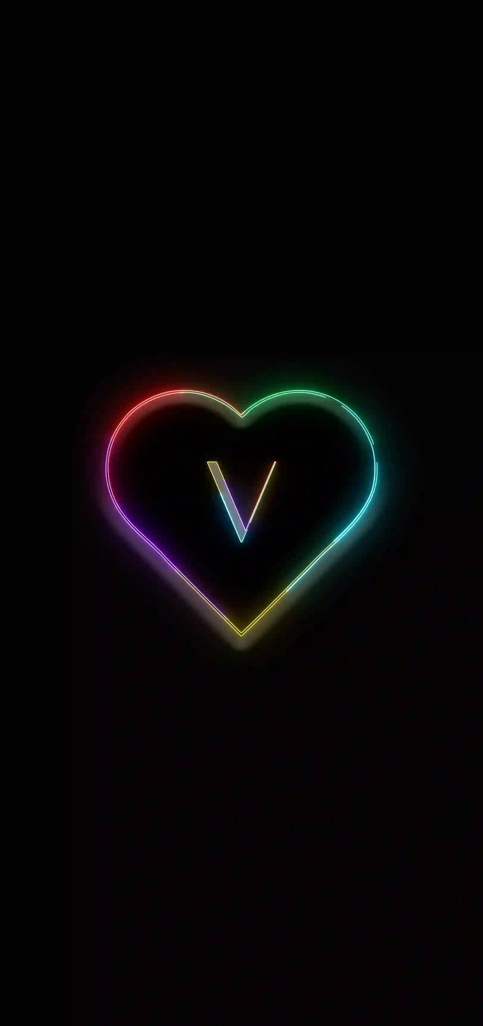 Neon rainbow heart letter V 4K wallpaper multicolor neon heart outline black background