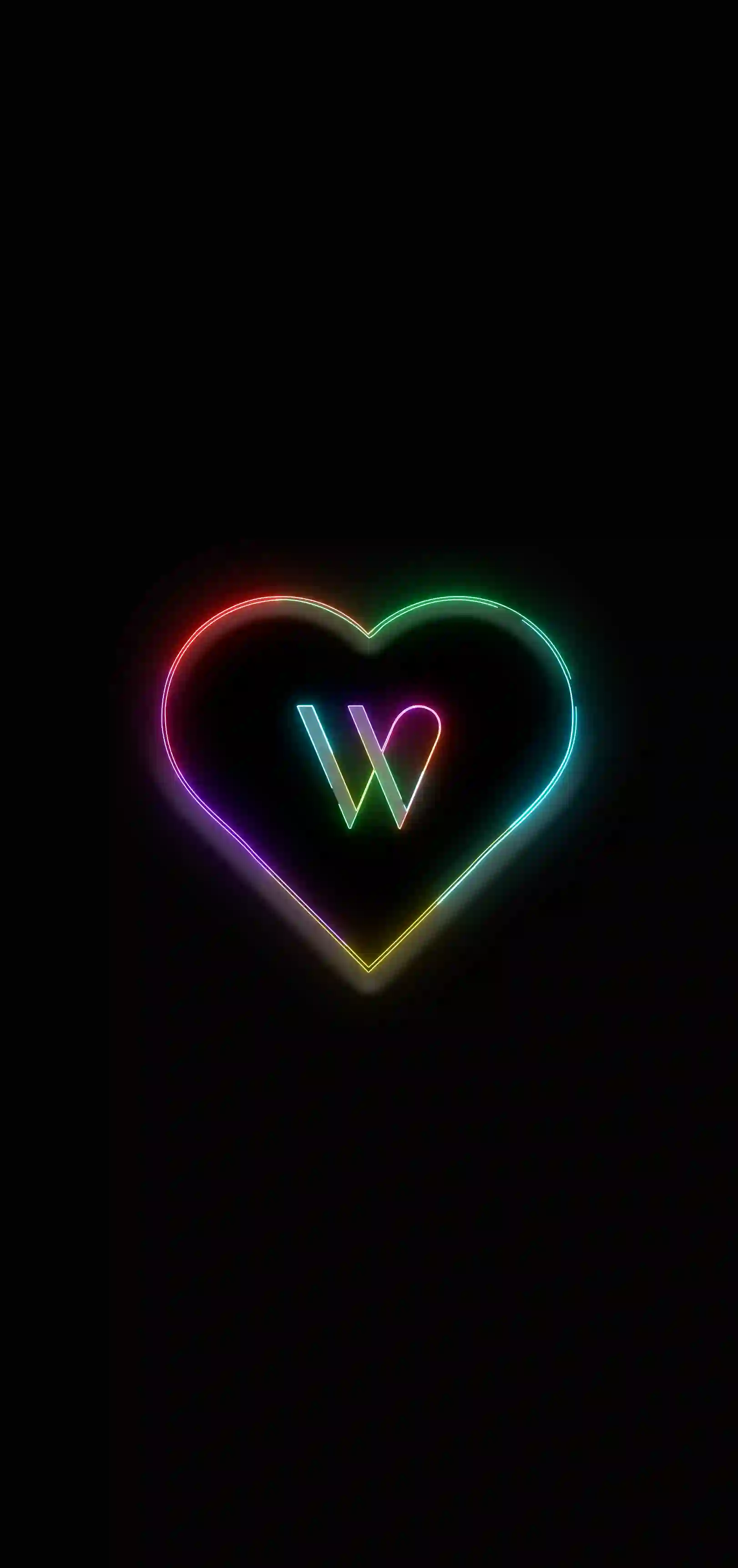 Neon rainbow heart letter W 4K wallpaper multicolor neon heart outline black background