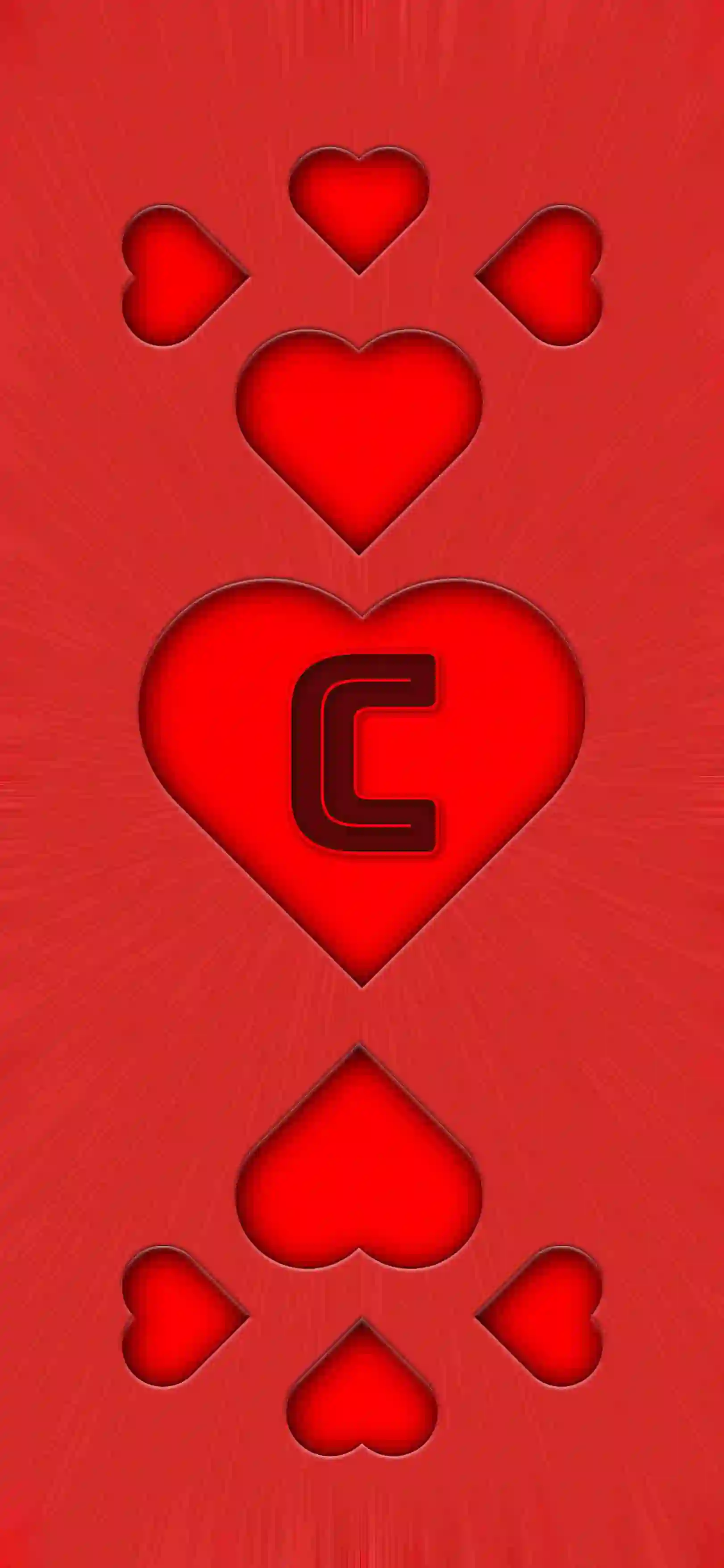 Red heart pattern letter C 4K wallpaper bold letter center heart 3D embossed hearts vivid red background