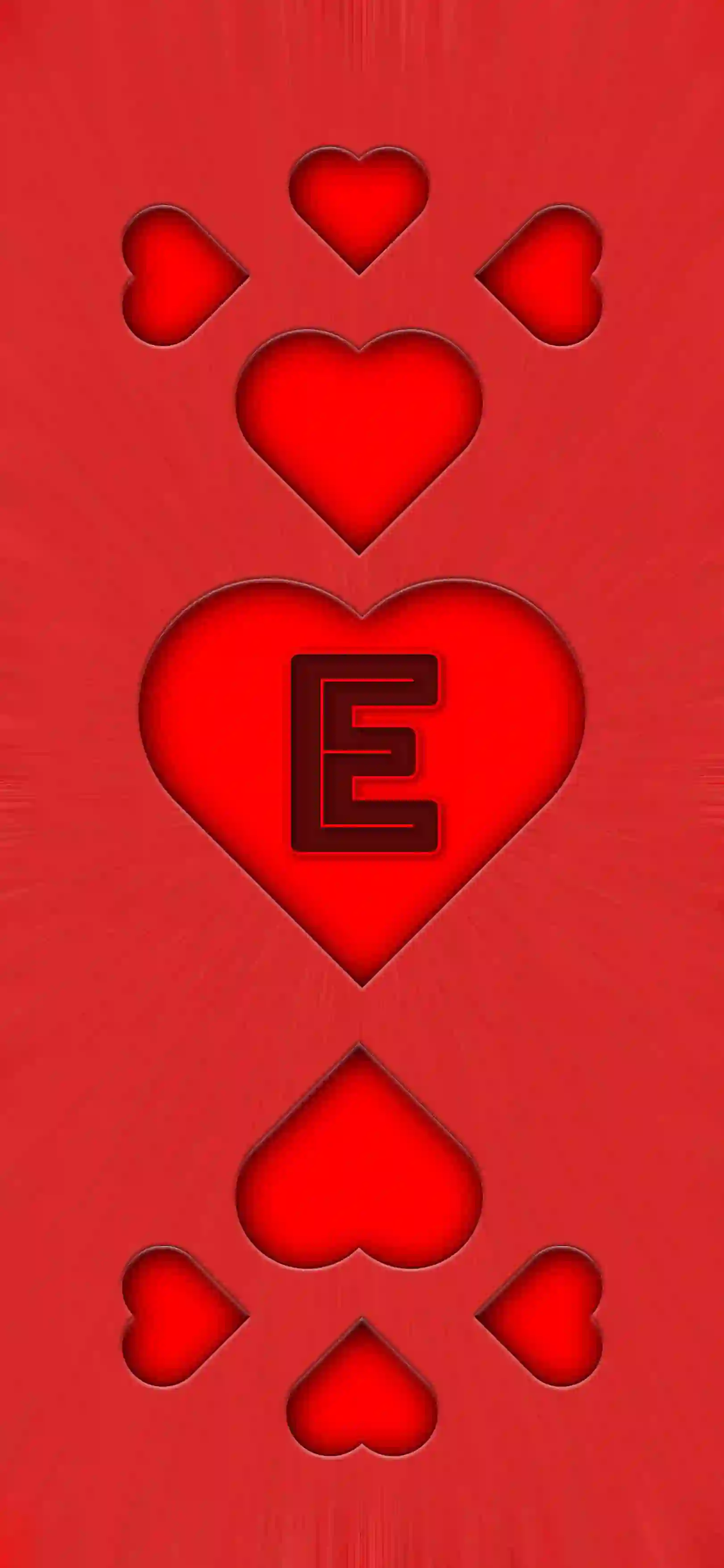 Red heart pattern letter E 4K wallpaper bold letter center heart 3D embossed hearts vivid red background