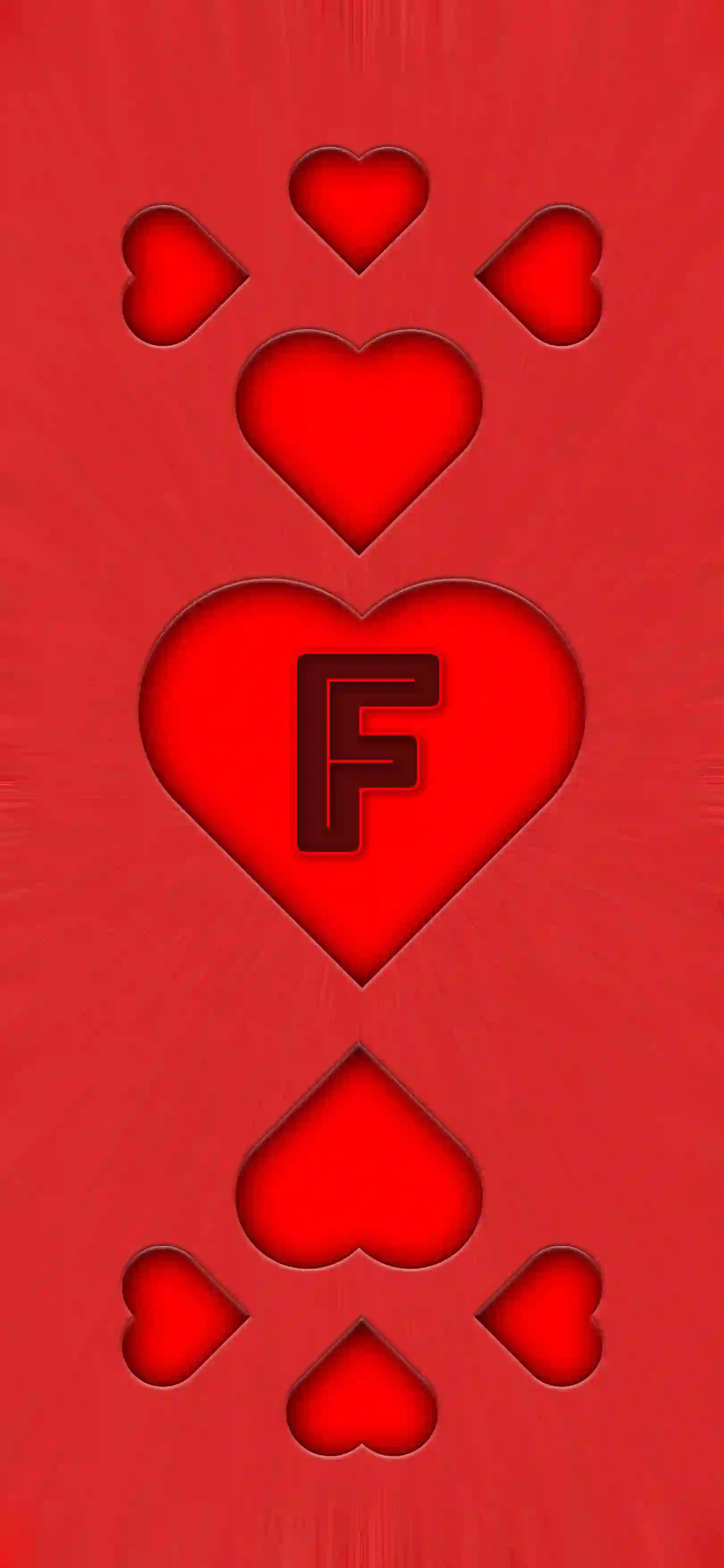 Red heart pattern letter F 4K wallpaper bold letter center heart 3D embossed hearts vivid red background