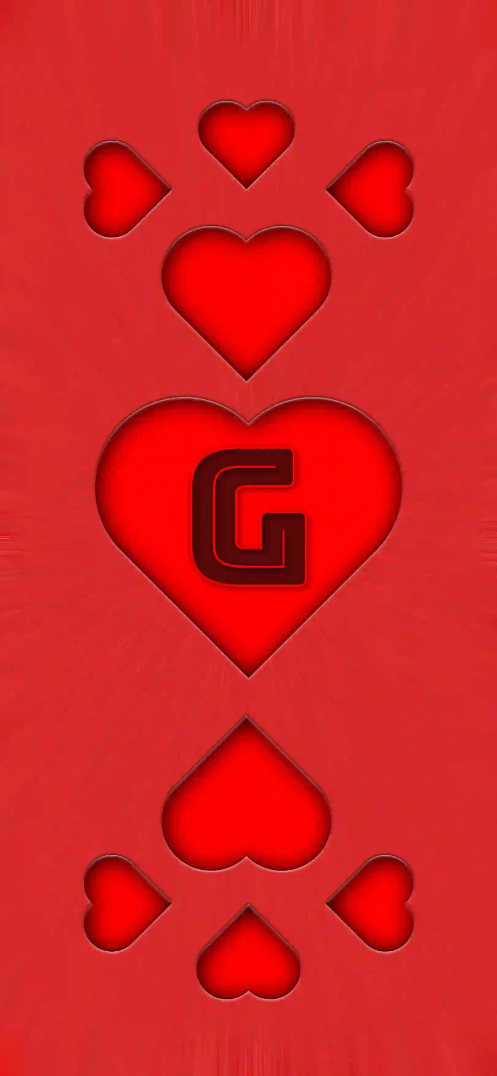 Red heart pattern letter G 4K wallpaper bold letter center heart 3D embossed hearts vivid red background