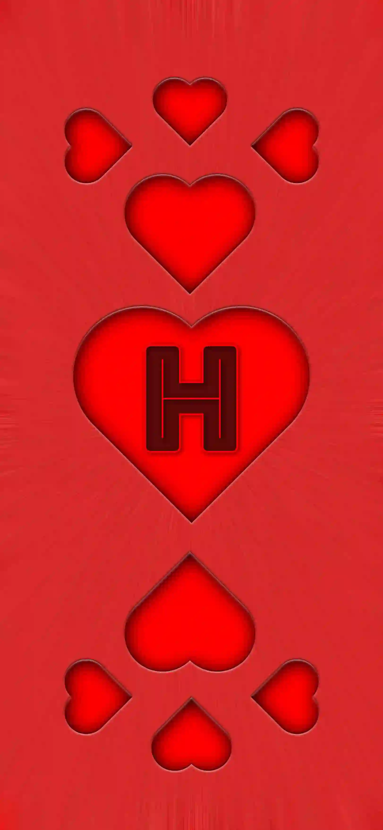 Red heart pattern letter H 4K wallpaper bold letter center heart 3D embossed hearts vivid red background