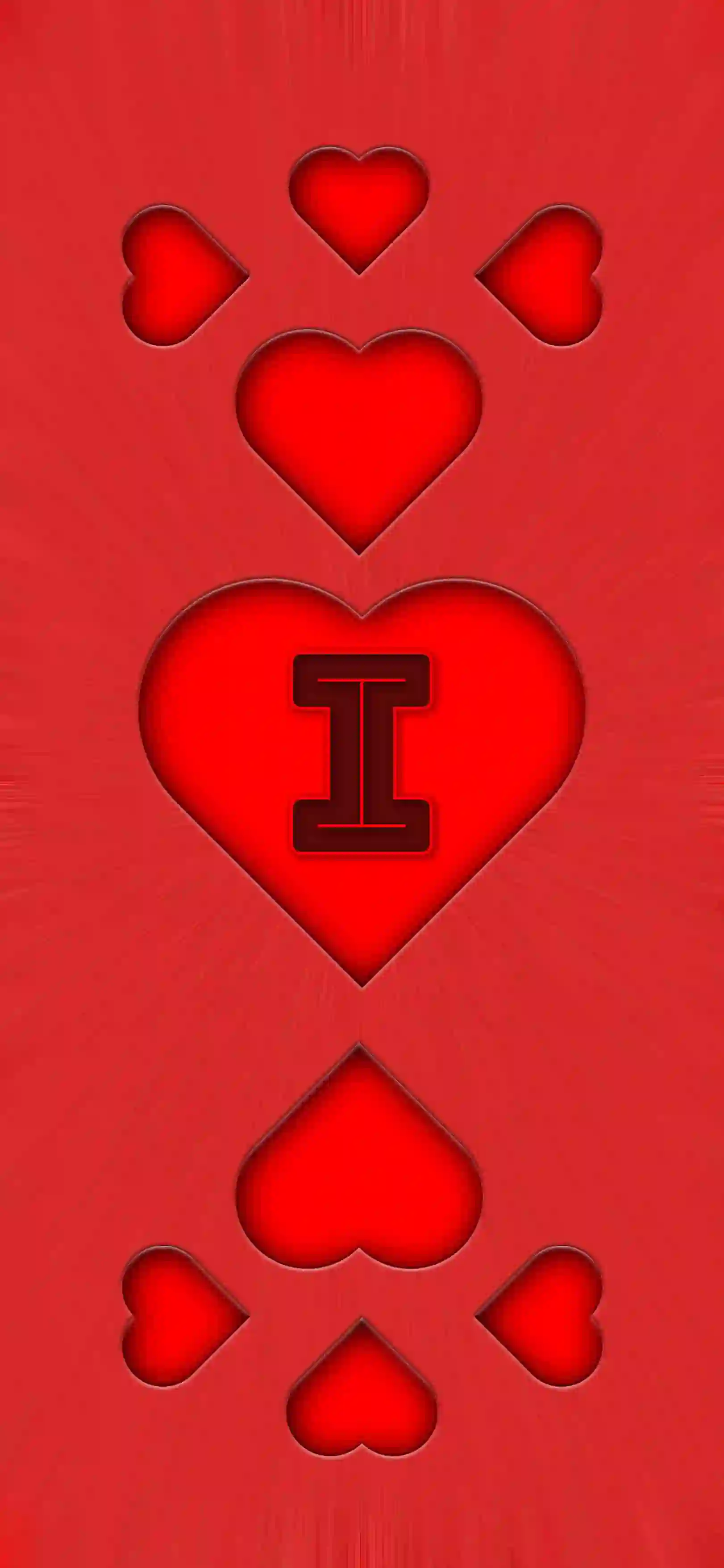 Red heart pattern letter I 4K wallpaper bold letter center heart 3D embossed hearts vivid red background