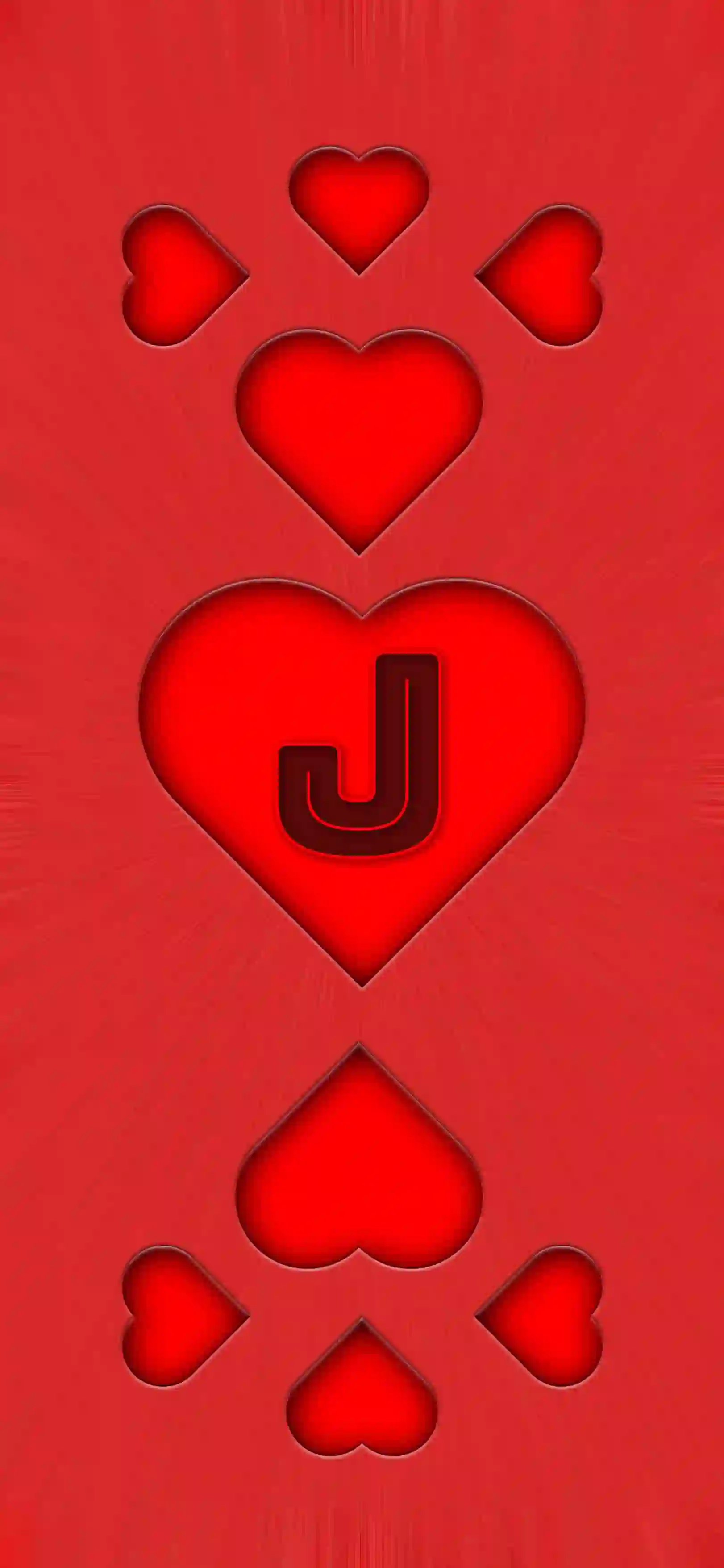 Red heart pattern letter J 4K wallpaper bold letter center heart 3D embossed hearts vivid red background