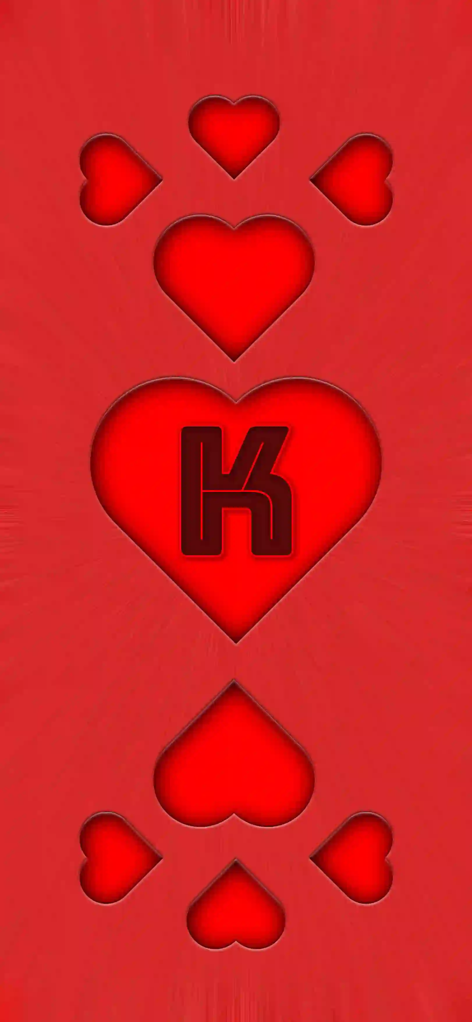 Red heart pattern letter K 4K wallpaper bold letter center heart 3D embossed hearts vivid red background
