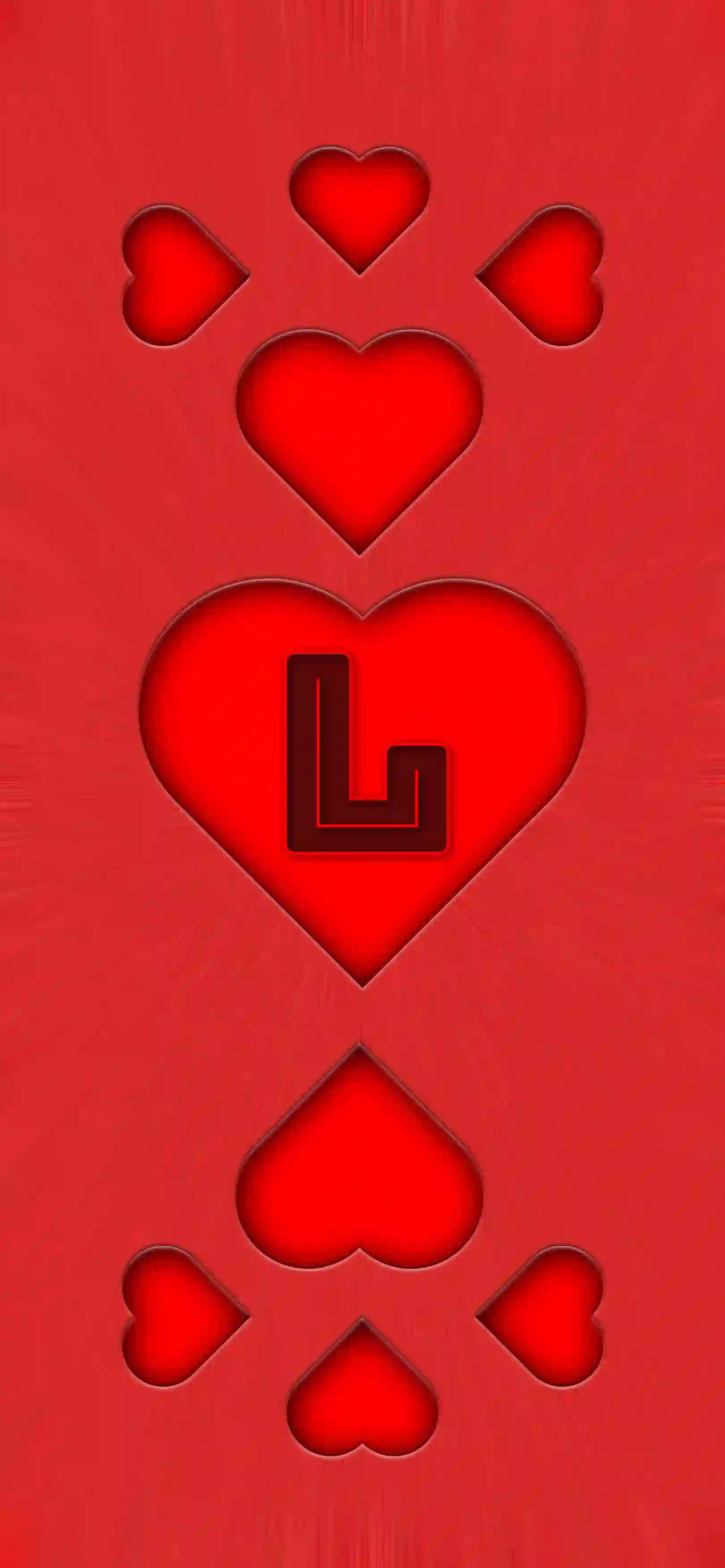 Red heart pattern letter L 4K wallpaper bold letter center heart 3D embossed hearts vivid red background