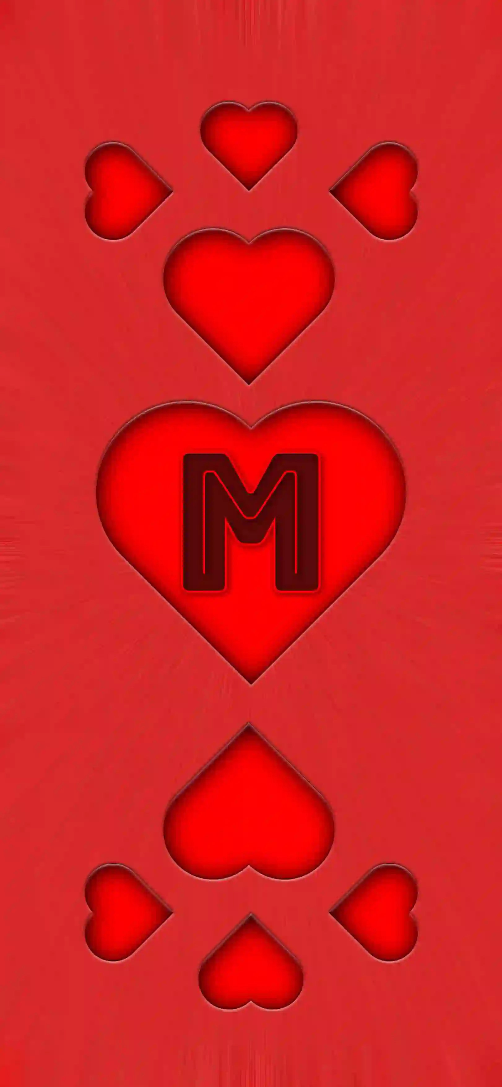 Red heart pattern letter M 4K wallpaper bold letter center heart 3D embossed hearts vivid red background