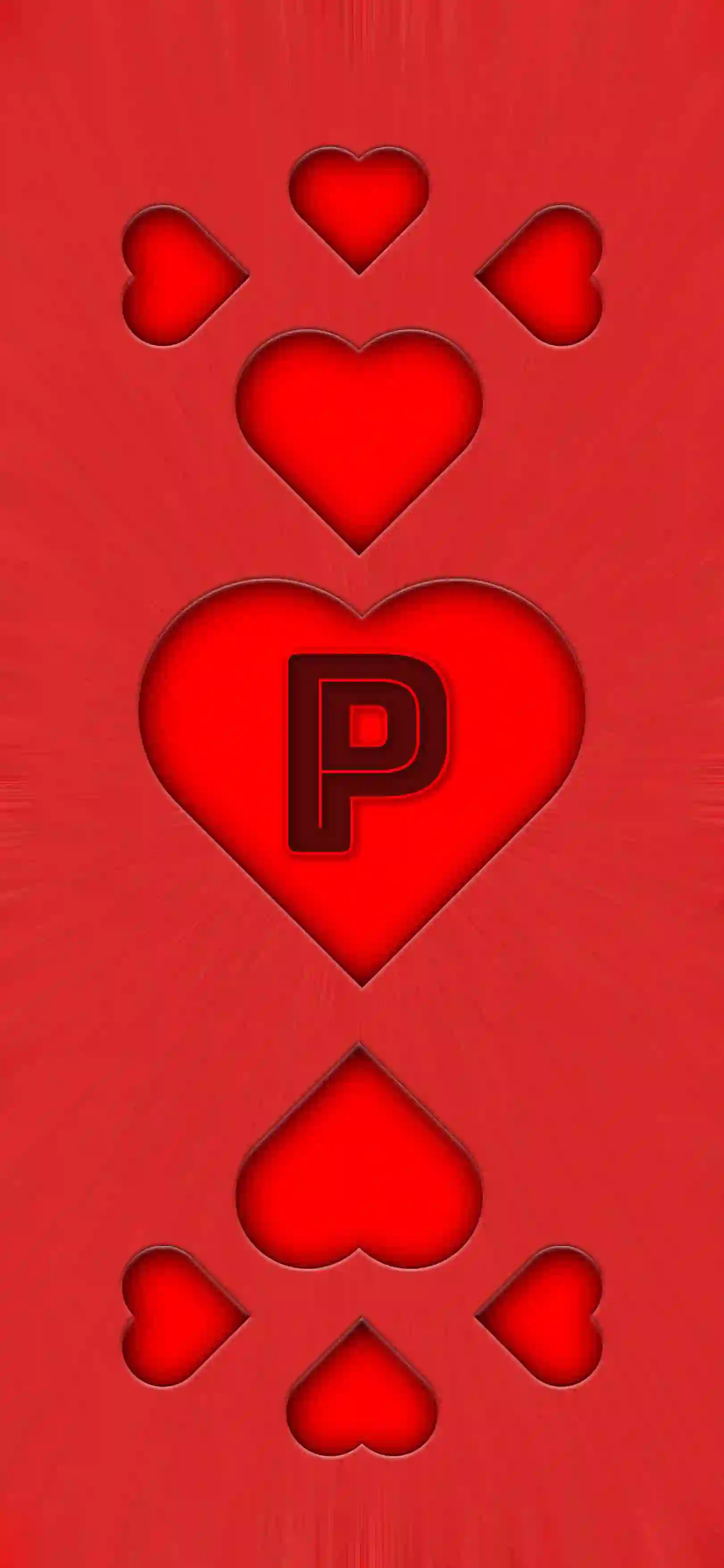 Red heart pattern letter P 4K wallpaper bold letter center heart 3D embossed hearts vivid red background