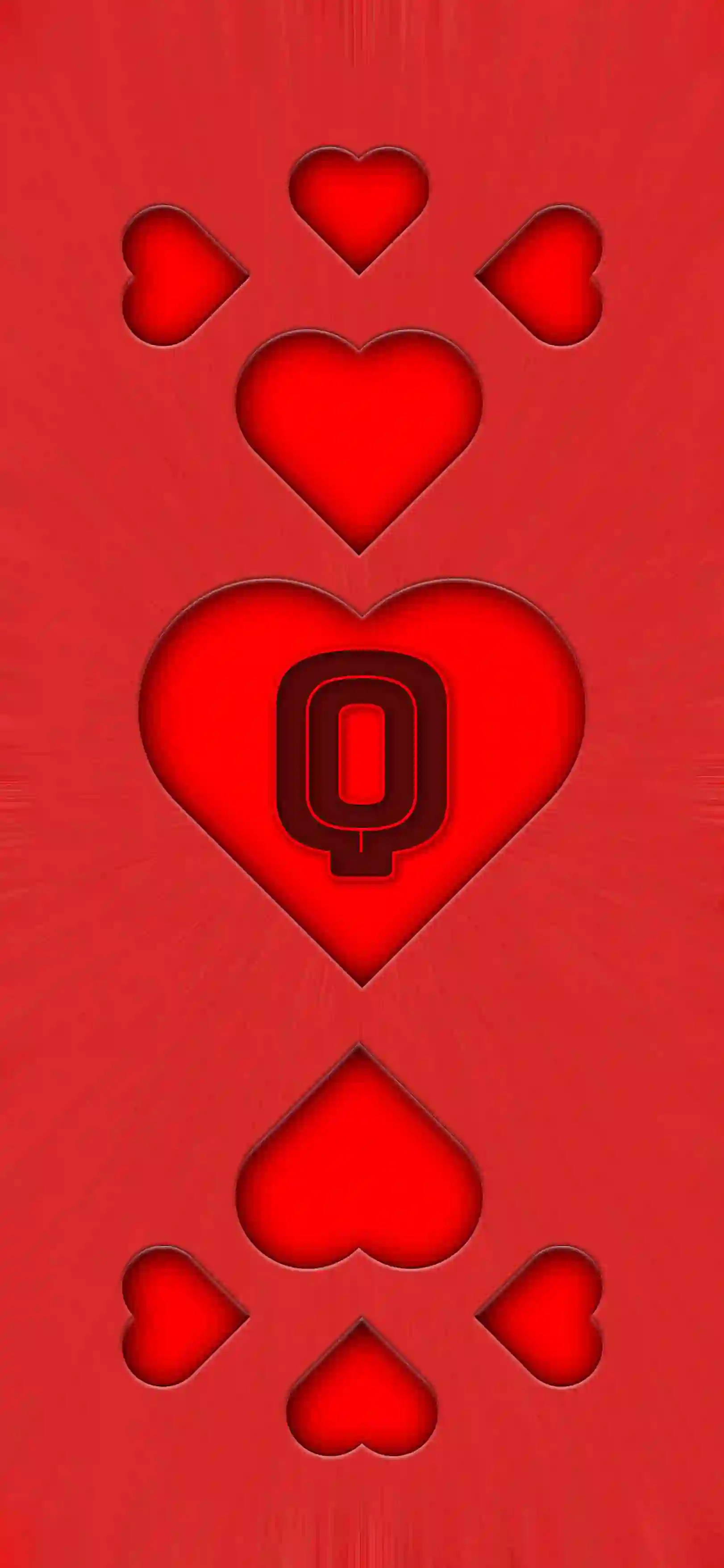 Red heart pattern letter Q 4K wallpaper bold letter center heart 3D embossed hearts vivid red background