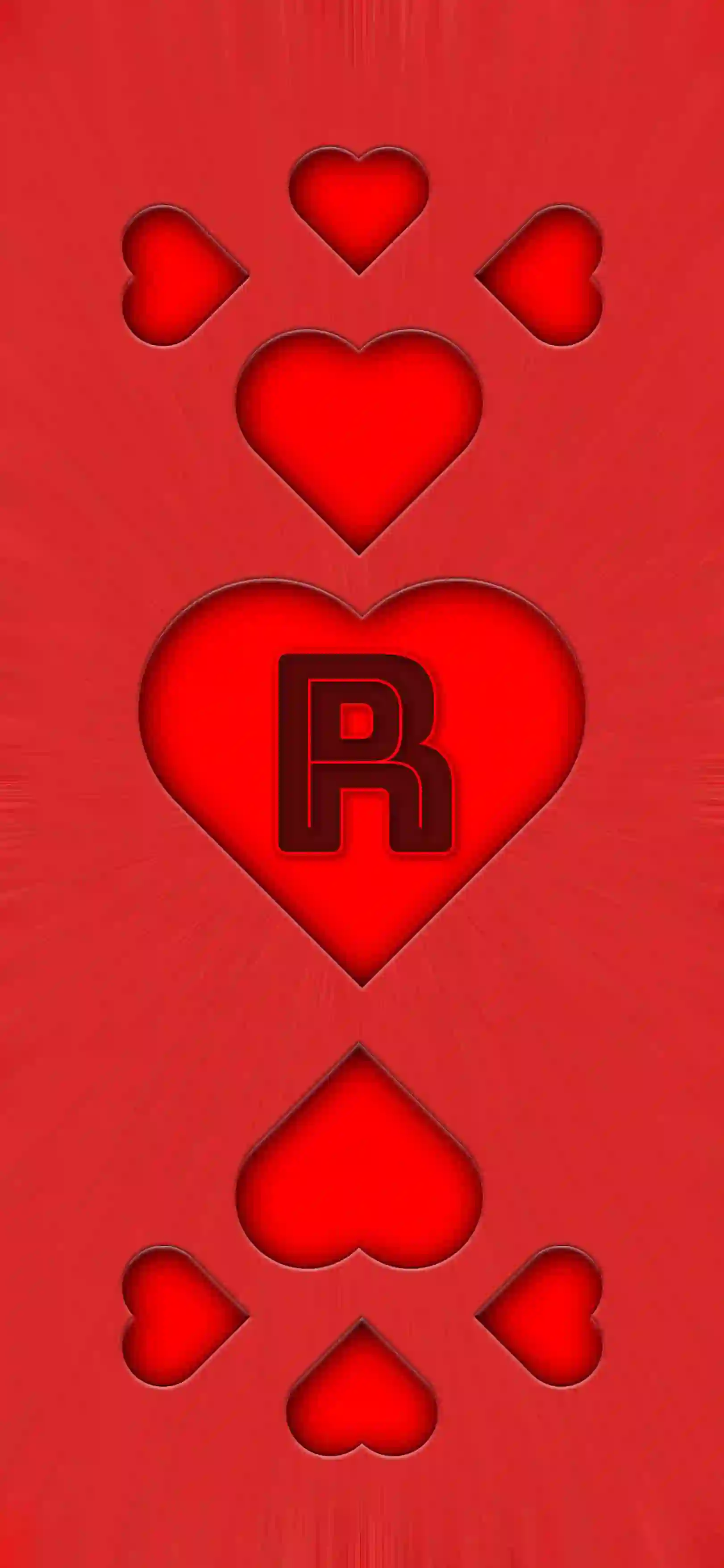 Red heart pattern letter R 4K wallpaper bold letter center heart 3D embossed hearts vivid red background