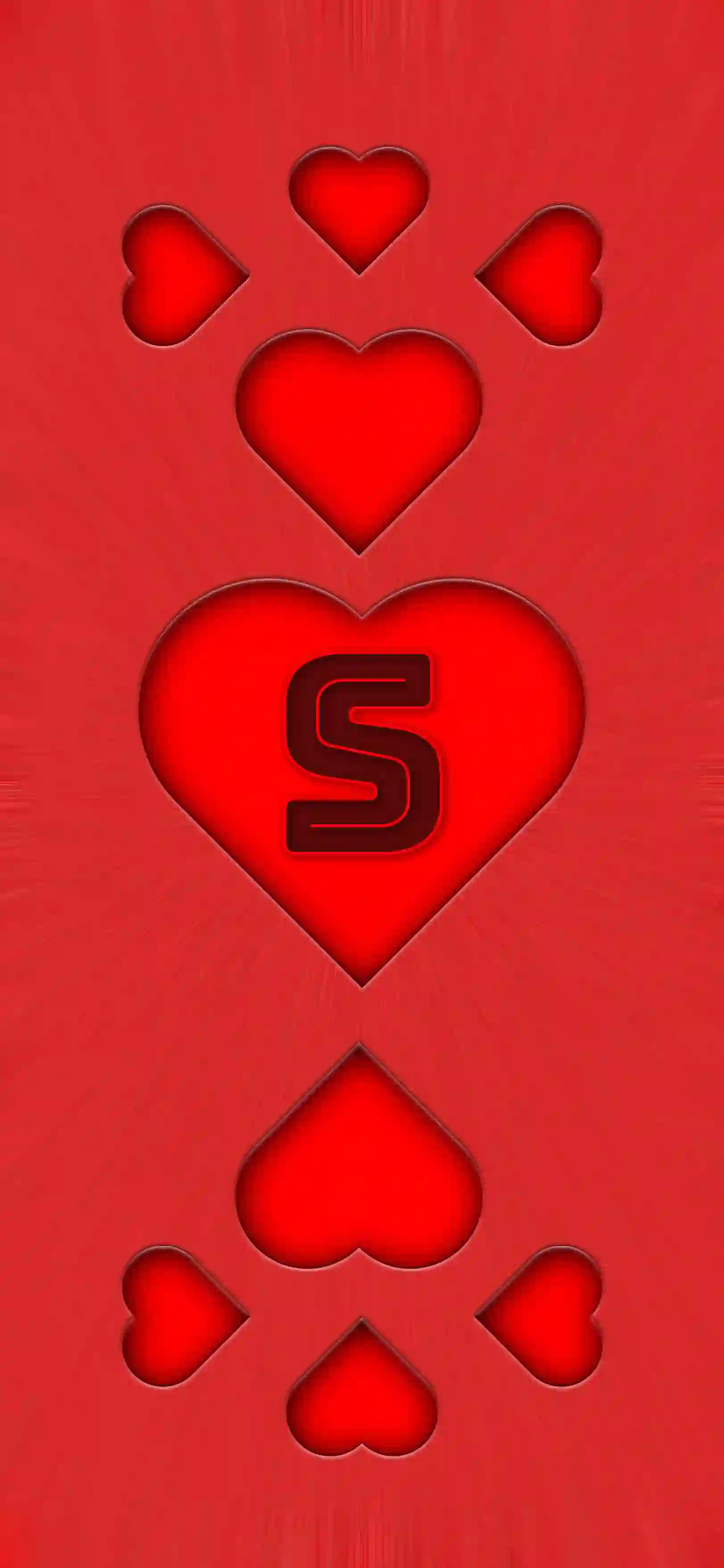 Red heart pattern letter S 4K wallpaper bold letter center heart 3D embossed hearts vivid red background