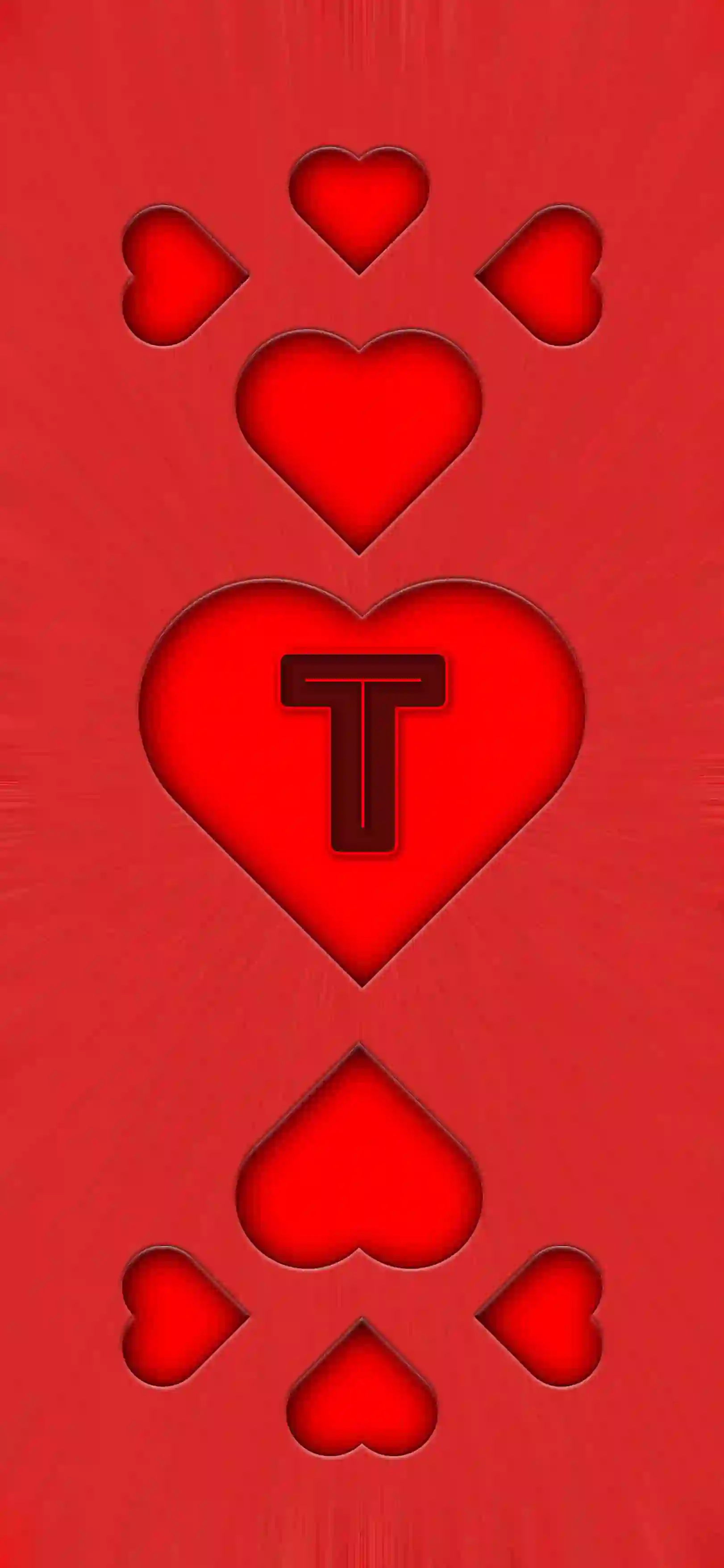 Red heart pattern letter T 4K wallpaper bold letter center heart 3D embossed hearts vivid red background