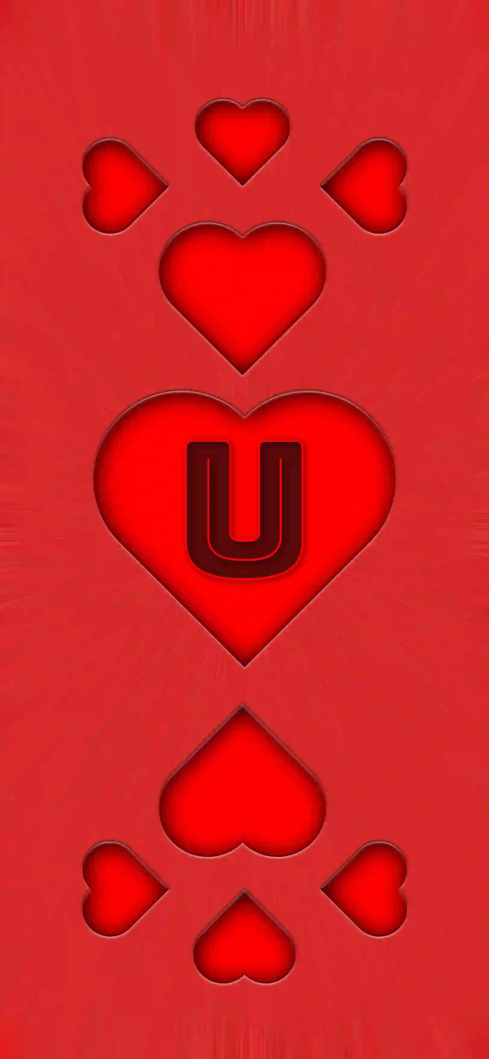 Red heart pattern letter U 4K wallpaper bold letter center heart 3D embossed hearts vivid red background