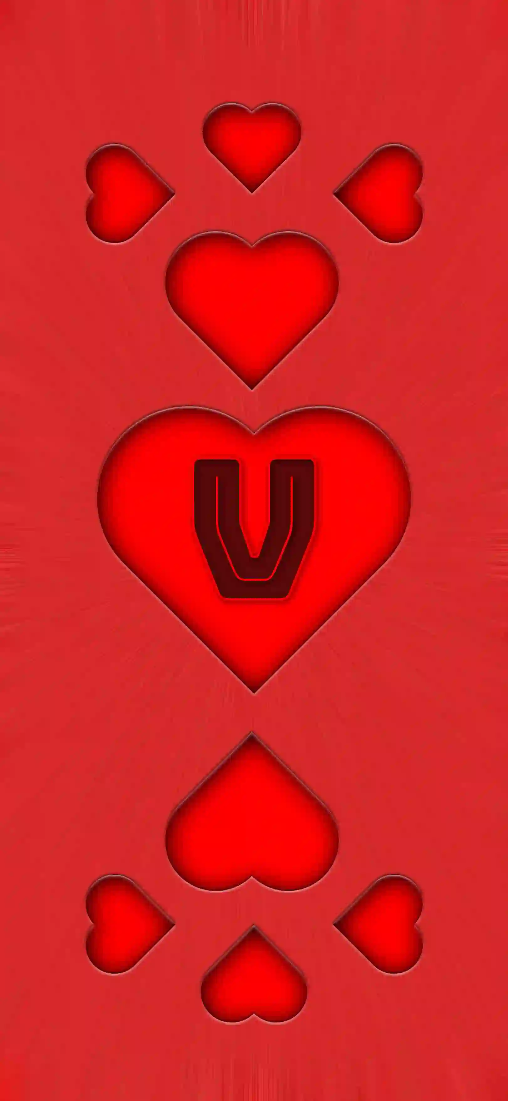 Red heart pattern letter V 4K wallpaper bold letter center heart 3D embossed hearts vivid red background