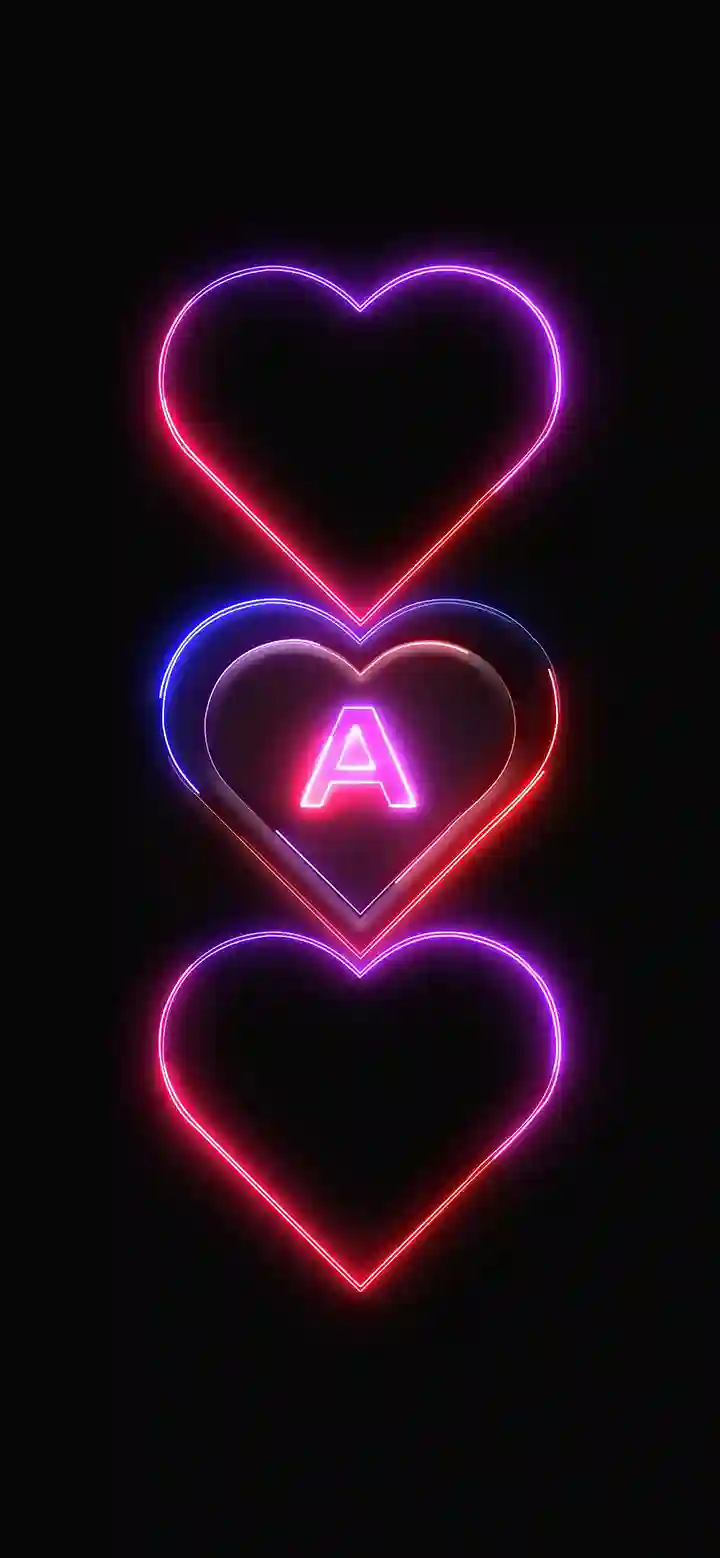 Triple neon hearts letter A wallpaper feature image pink red purple stacked hearts black