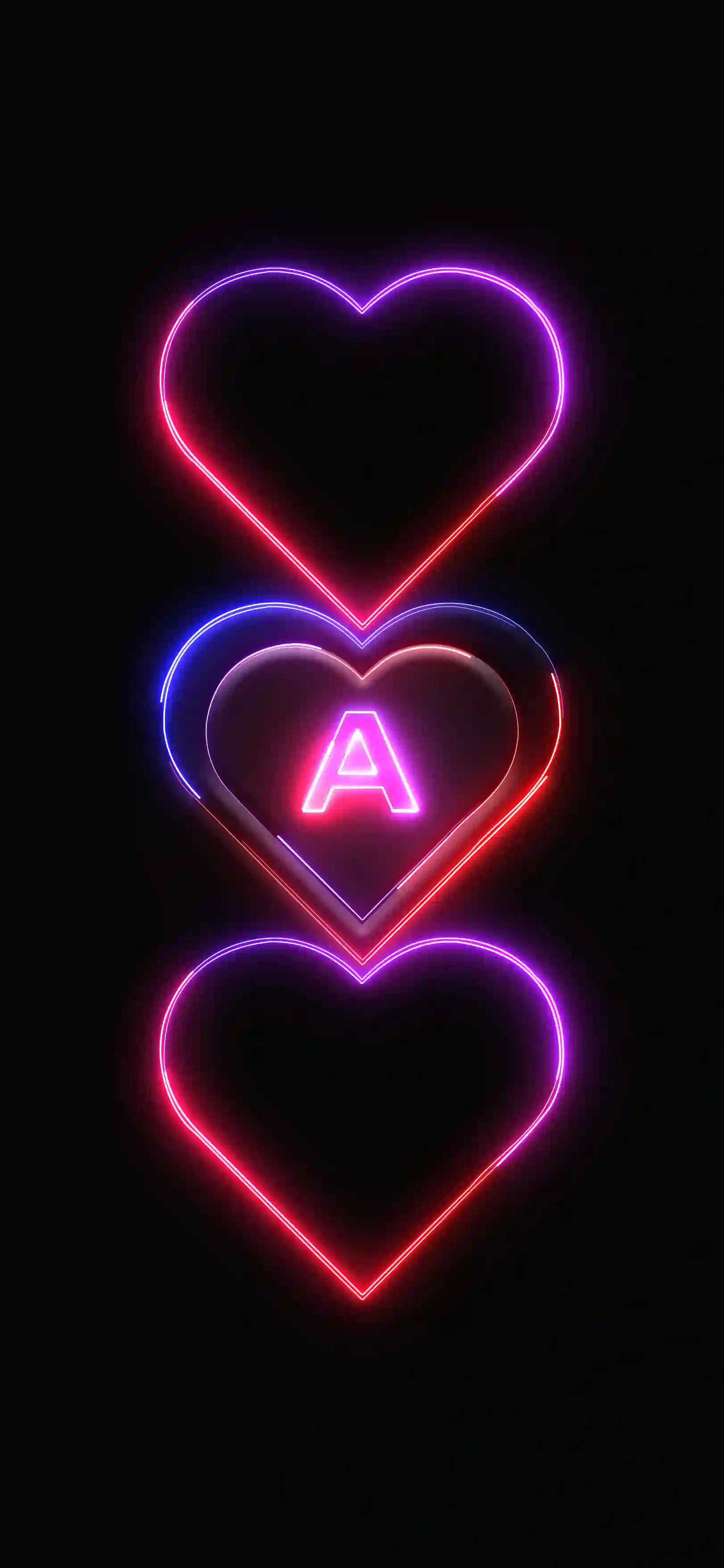 Triple neon hearts letter A 4K wallpaper thumbnail pink purple neon hearts black background